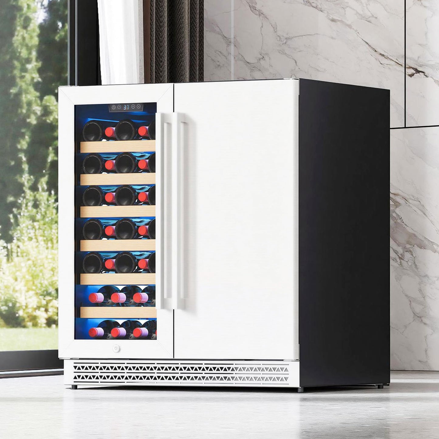 Albott 30 Inch Wine and Beverage Refrigerator, 37–64℉ Dual Zone Wine Cooler with Digital Temperature Control, Built-in or Freestanding for Home or Bar, Holds 33 Bottles 100 Cans Beer, Soda, Champagne