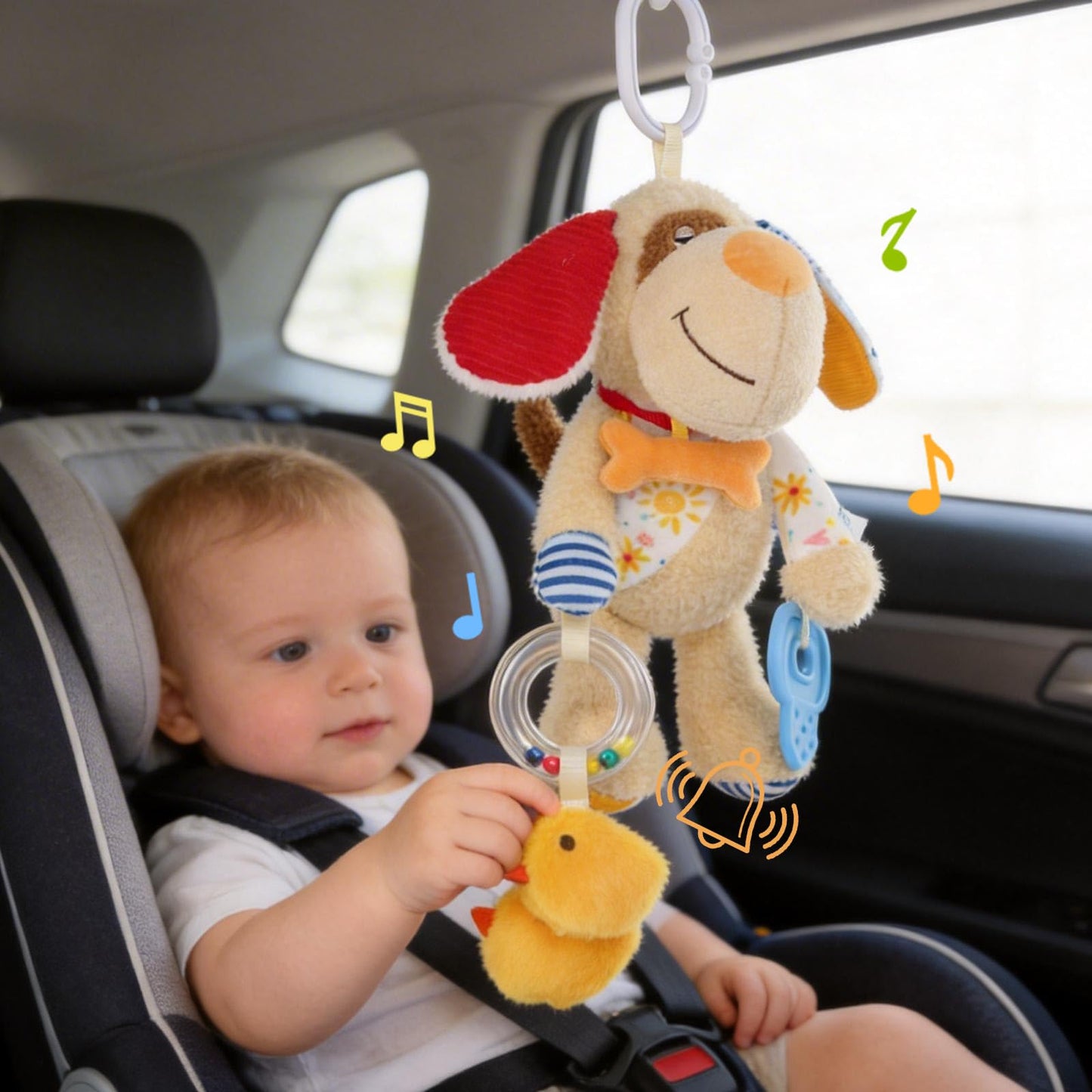 Baby Car Seat Toys for Roadtrip, Hanging Sensory Toys 0 6 12 Months with Teether, Crinkle Paper, Rattles & Squeaker, Montessori Travel Plush Toy for Newborn Infant Boys Girls Gift