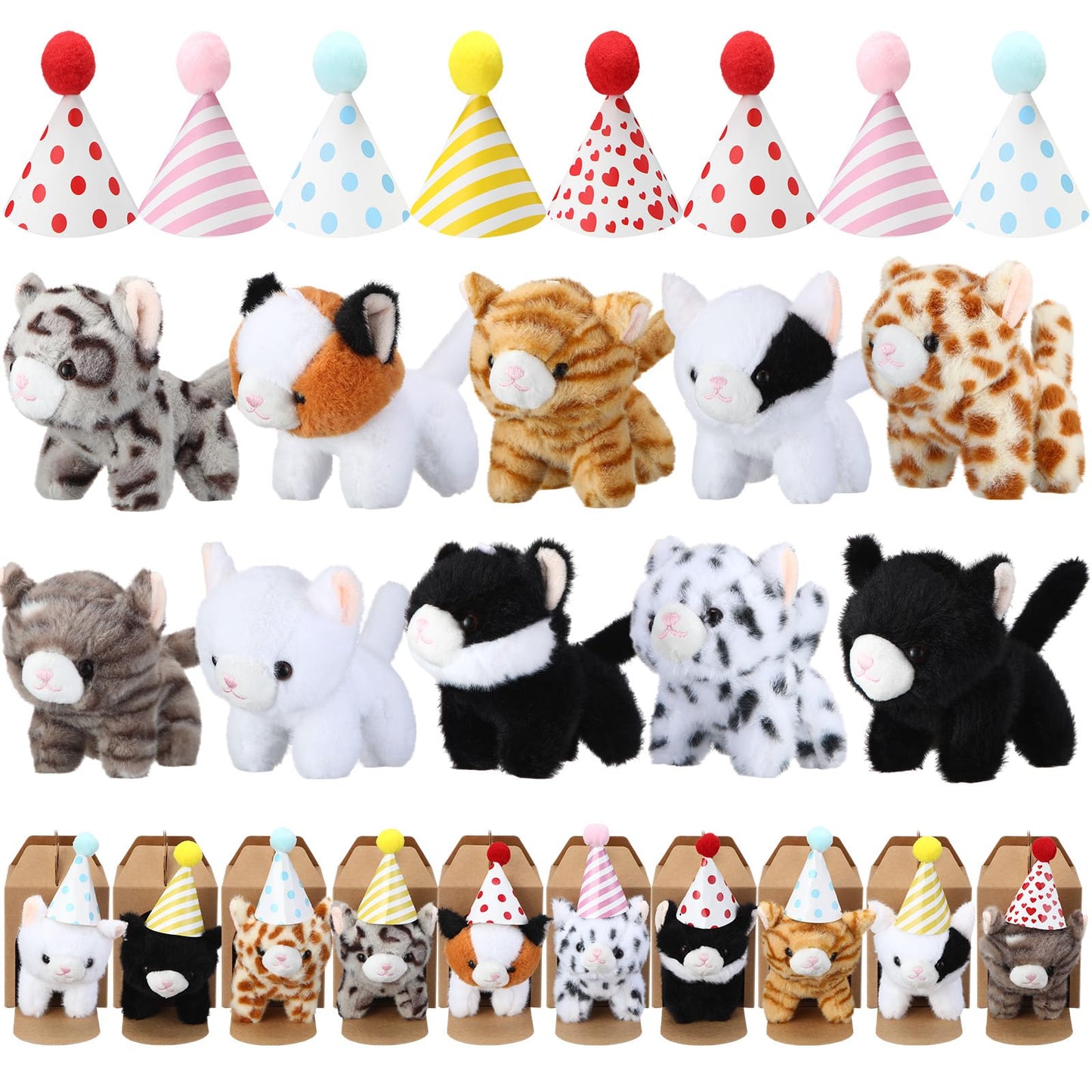 Motionchic 10 Set Kittens Stuffed Animals Bulk with 10 Birthday Hats 10 Kraft Paper Boxes Mini Plush Toys Small Stuffed Cat Pet Gifts for Kids, School Birthday Animal Decor(Standing Style)