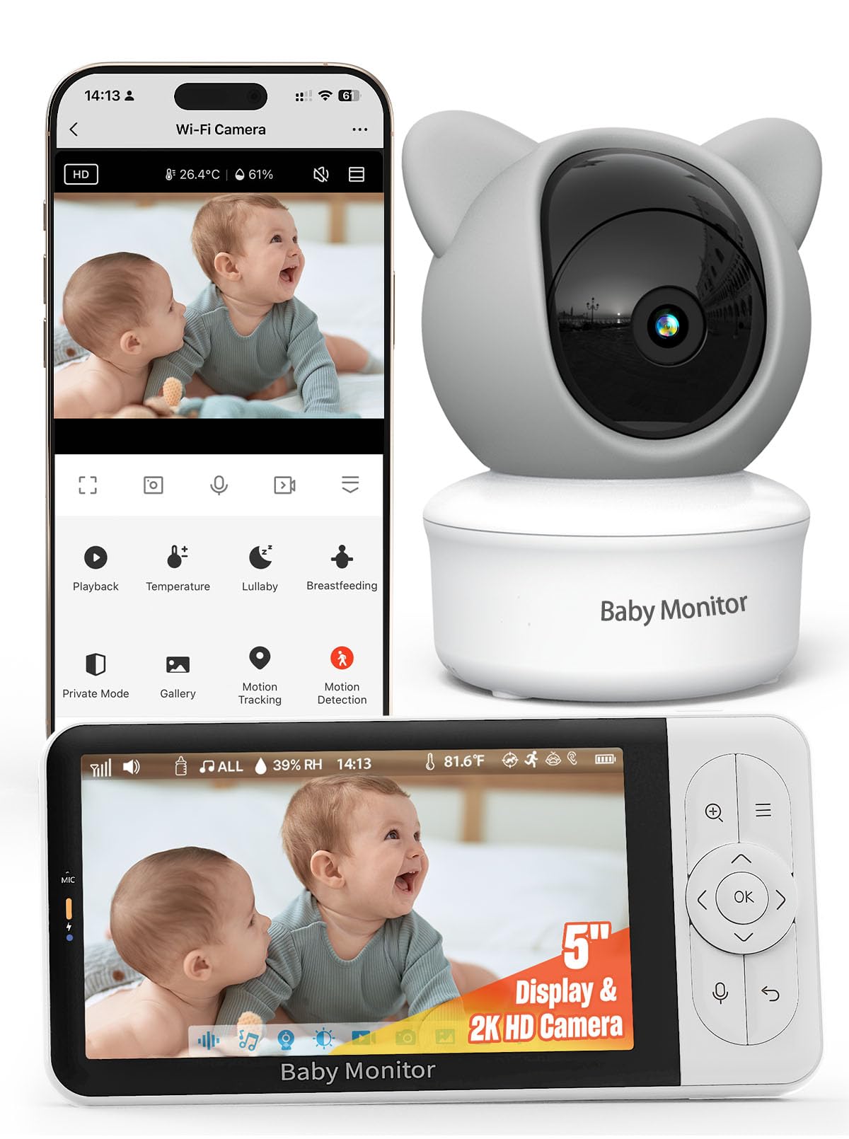 iFamily WiFi Baby Monitor with App – Smartphone Baby Monitor with 5" HD Monitor & 2K Camera, Night Vision, 2-Way Talk, Motion Tracking&Alerts, Temp Sensor, Lullabies,Secure WiFi Lock