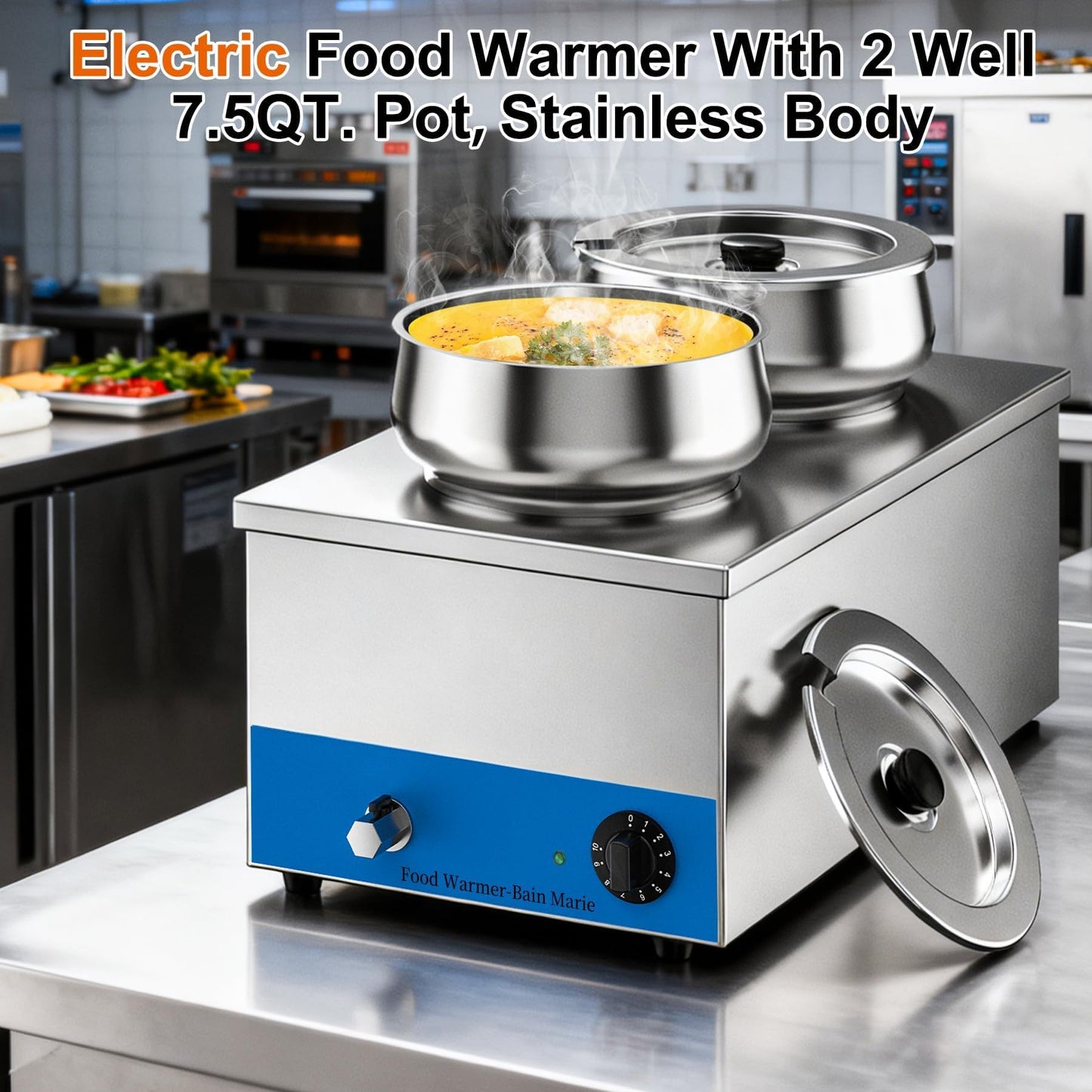 Culistra Commercial Food Warmer, 1200W Electric Stainless Steel Steam Table Soup Warmer with 2 Well 7.5Qt. Pot, Bain Marie, for Catering, Buffet, Canteens, Cafeterias, Restaurants, CSA Certification