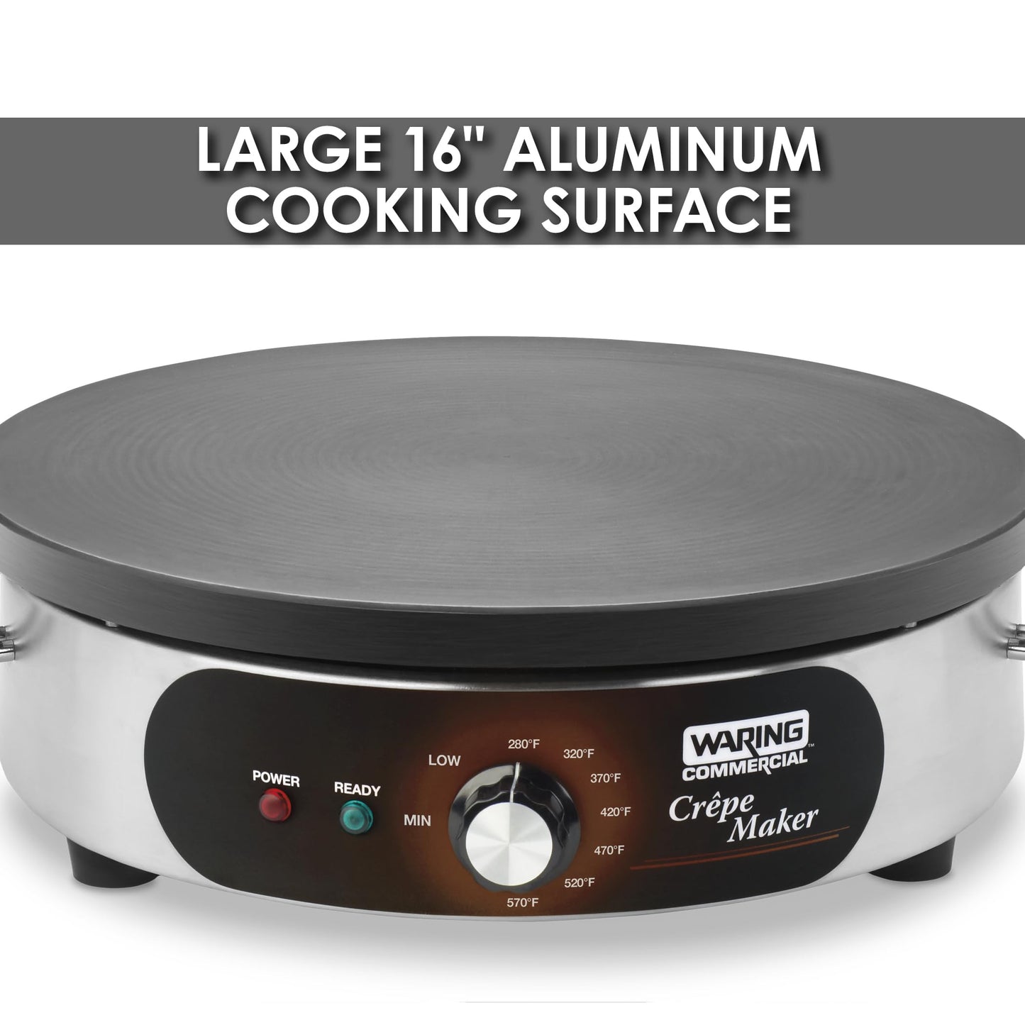 Waring Commercial WSC160X 16" Electric Crepe Maker, Cast Iron Cooking Surface, Stainless Steel Base, Includes Batter Spreader and Spatula, 120V, 1800W, 5-15 Phase Plug