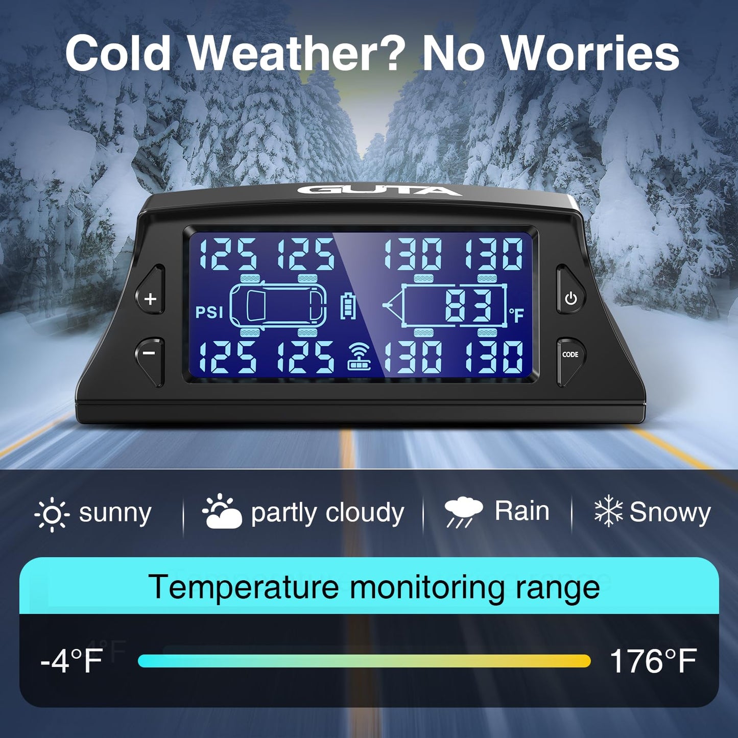 GUTA RV Tire Pressure Monitoring System, RV TPMS with 4 Sensors (0-188 PSI), Solar Charging, 6 Alarm Modes, Auto Sleep Mode, LCD Display, Tire Pressure Monitor System for RV/Trailer/SemiTruck