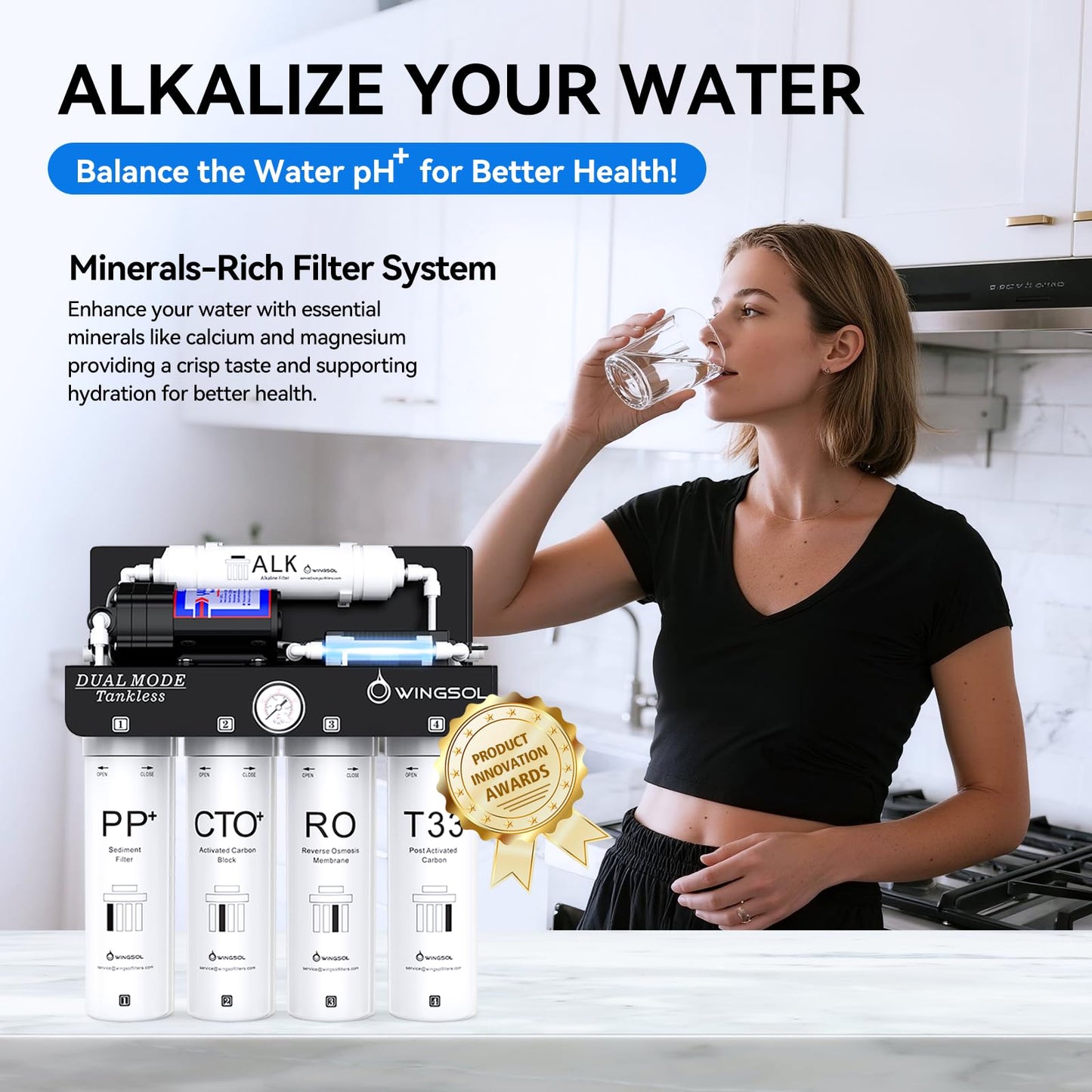 WINGSOL Dual Mode Reverse Osmosis Water Filter, Mineral Alkaline UV 0 TDS Tankless RO System, Remineralize pH+ 12-Layer Filtration Under Sink, NSF/ANSI 42&53&58 Certified, Plug-in Required