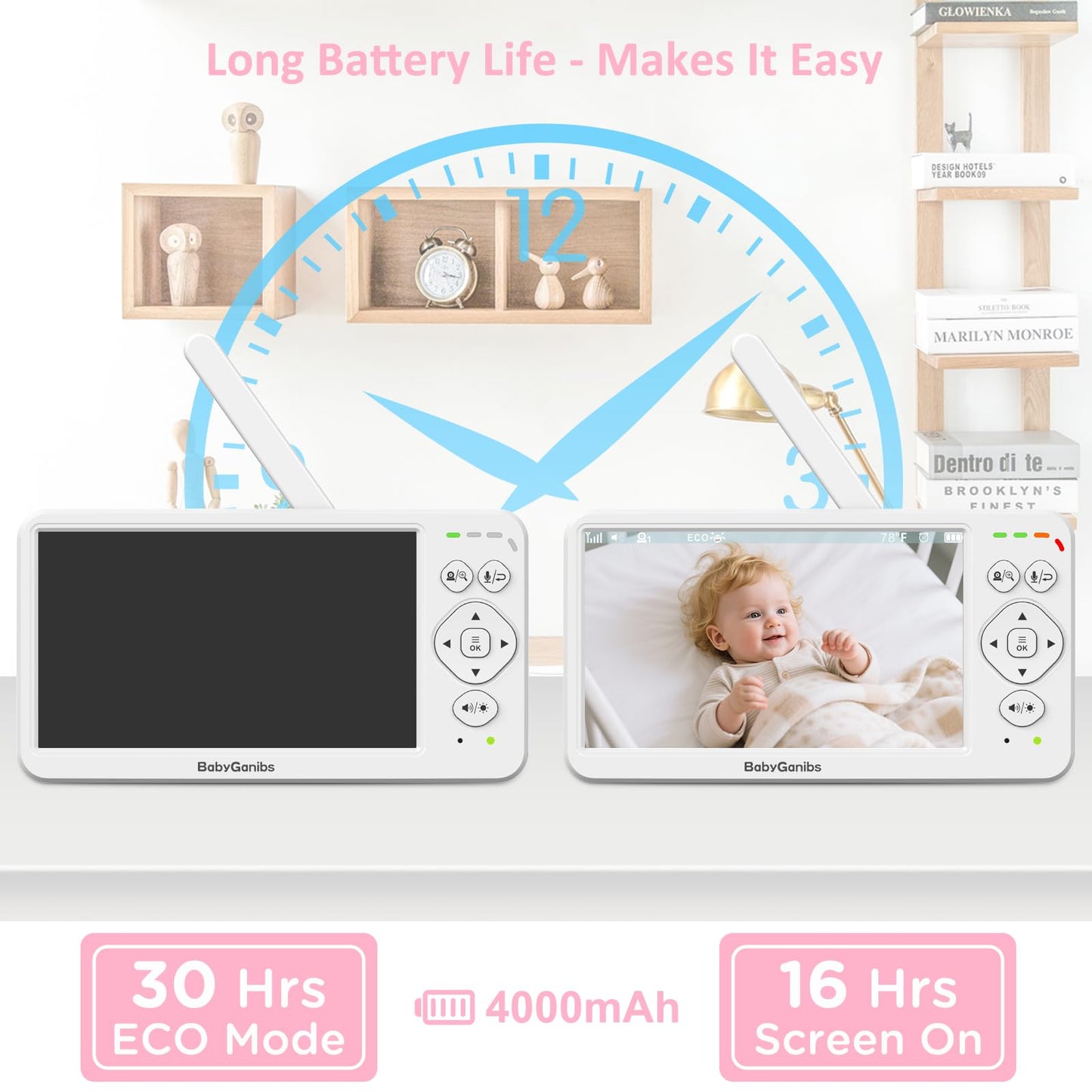 Baby Ganibs 6" Big Screen Baby Monitor with Camera and Audio, 1000ft Long Range No WiFi, 2-Way Talk, 8 Lullabies, ECO Mode, Infrared Night Vision, 150 Languages, Baby Shower,Baby Register Gift