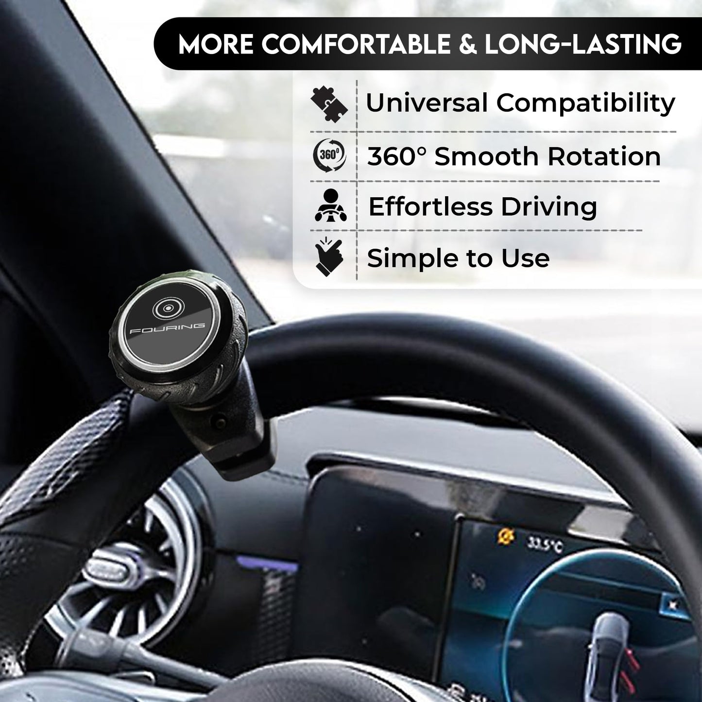 FOURING Universal Steering Wheel Spinner Knob - Smooth Black Finish | Fits Steering Wheels 0.5"-1.75" Diameter | Effortless Spinning for Cars, Trucks, Tractors, Boats, Semi-Trucks, Forklift & More