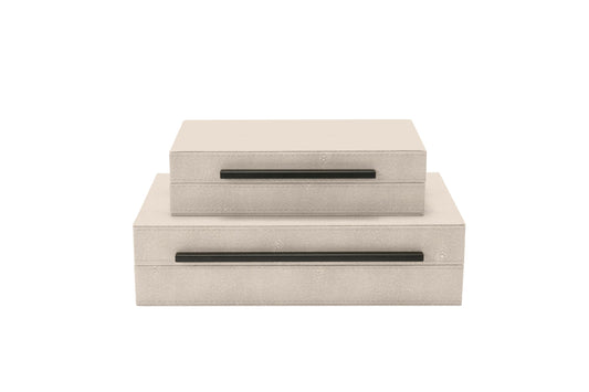 Sagala Set of 2 Ivory Shagreen Decorative Boxes With Black Metal Handles, Faux Leather Jewelry Boxes Modern Storage Boxes Photo Boxes Memory Boxes Home Organizer Box(Ivory)