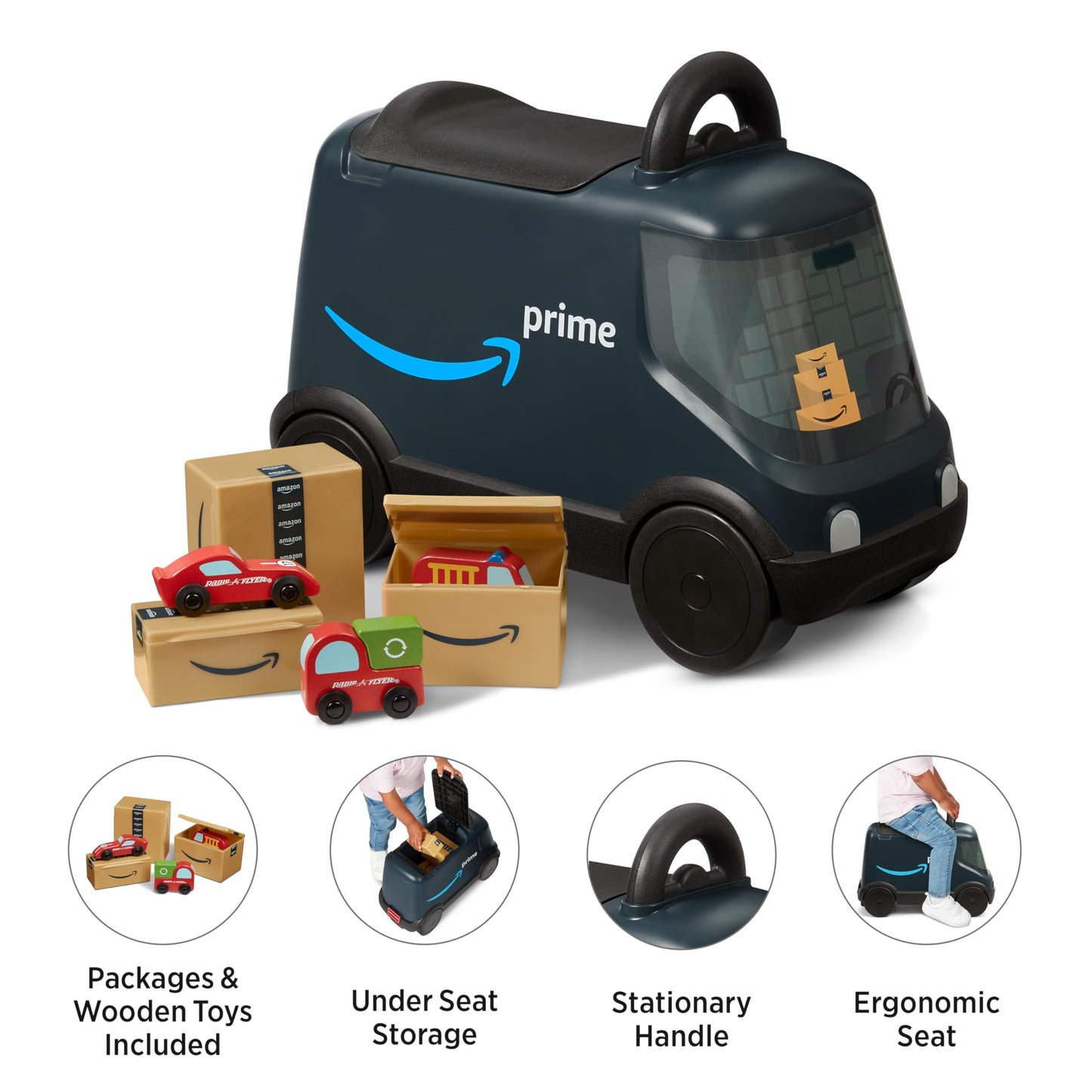 Radio Flyer Amazon Delivery Van, For Ages 2+, Ride and Deliver Truck for Kids, Under Seat Storage, Stationary Handle, Ergonomic Seat, Includes 3 Mini Amazon Boxes & 3 Wooden Toys, Toddler Ride On Toys
