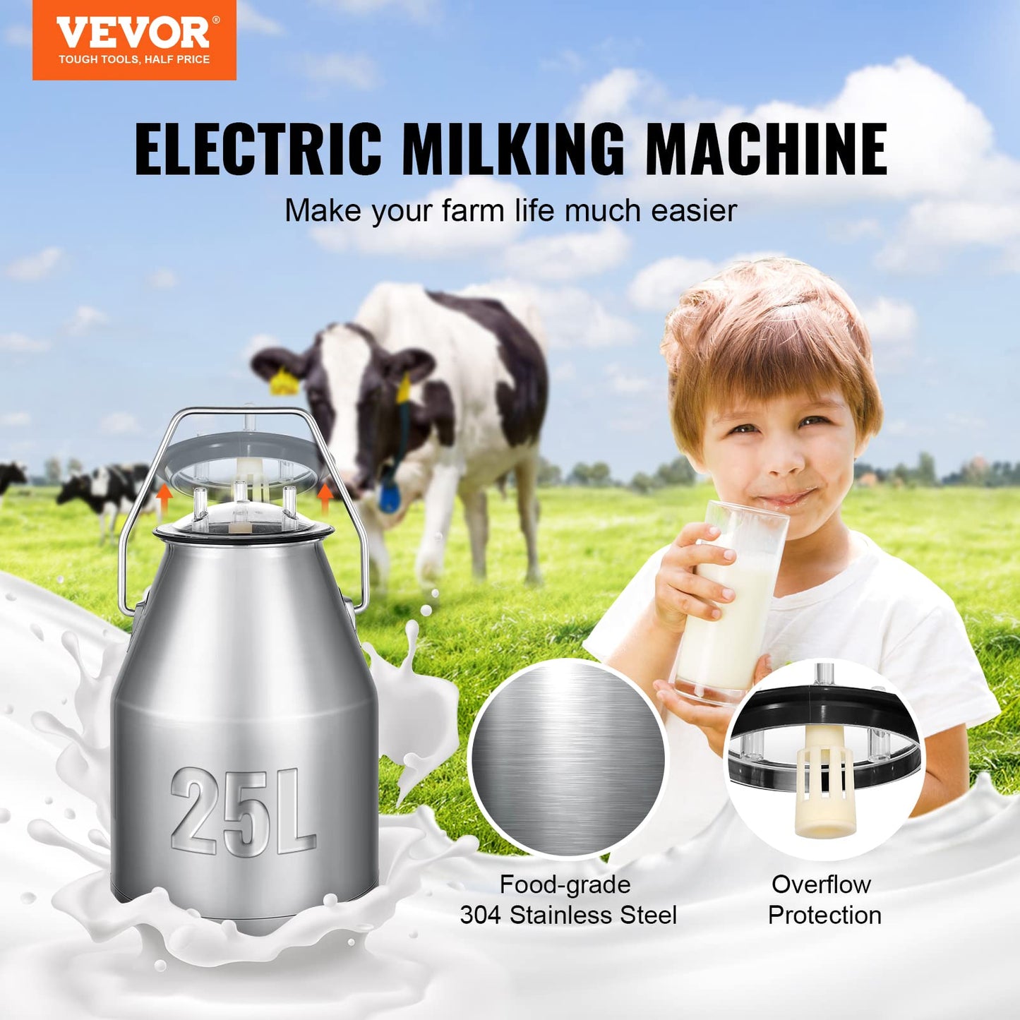 VEVOR Goat Milking Machine, 12 L 304 Stainless Steel Bucket, Electric Automatic Pulsation Vacuum Milker, Portable Milker with Food-Grade Silicone Cups and Tubes, Adjustable Suction for Cows and Sheep