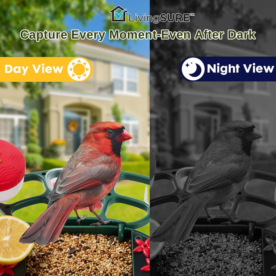 LivingSURE 2-in-1 Smart Bird Feeder with Camera Outdoor Solar Powered Smart Birdfeeder Live Stream Video Camera with AI Recognition for Outside Wild Birds Garden Decor - Bird Lover Gifts