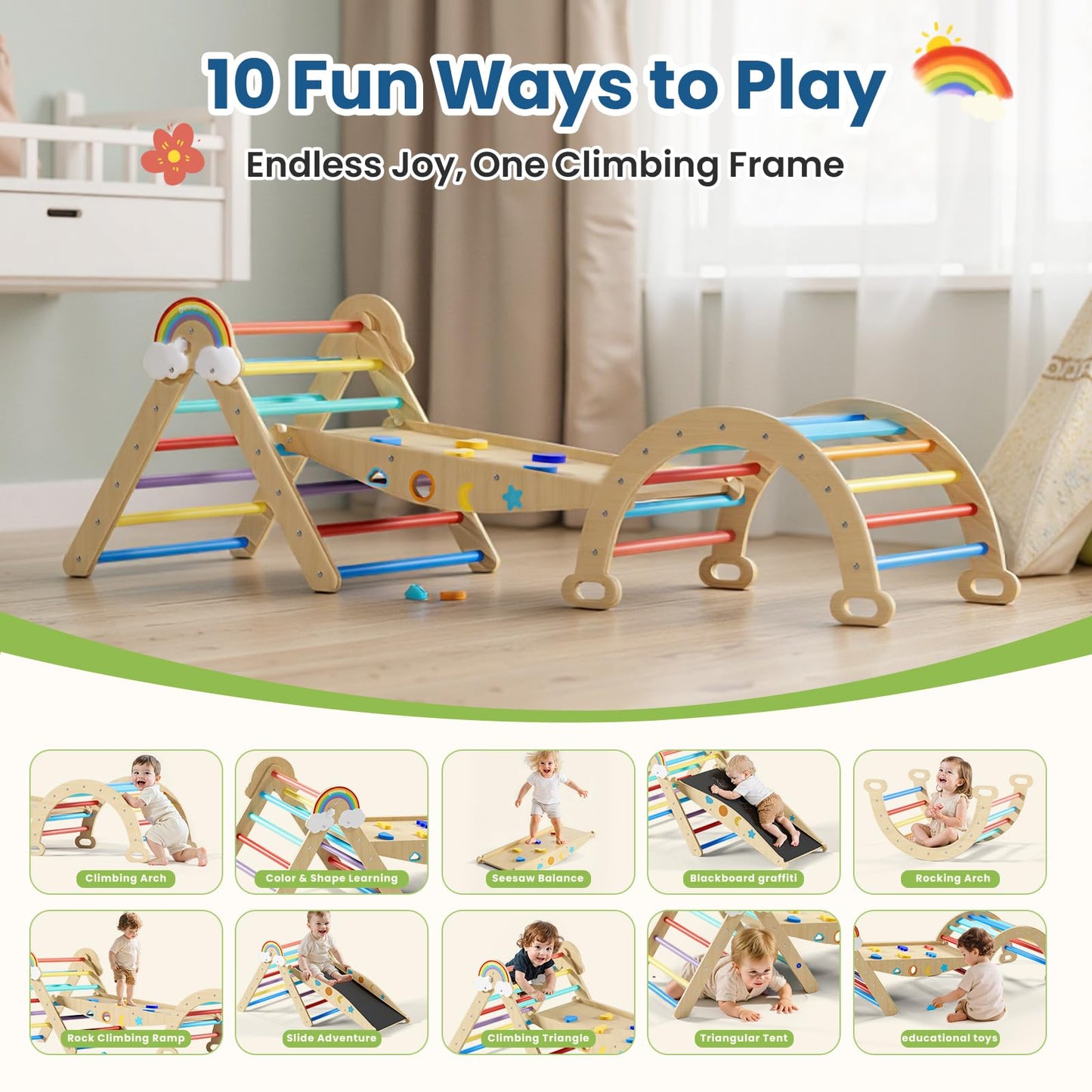 Duwenem Pikler Triangle Set, 10in1 Toddler Climbing Toys Indoor, Montessori Kids' Indoor Climbers & Play Structures with Arch&Ramp&Ladder, Indoor Baby Climber for Montessori Toys