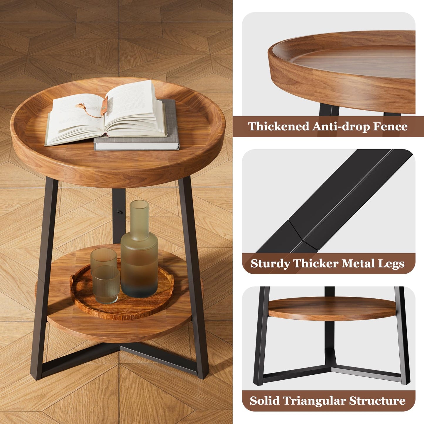 Gadroad Round End Table with Storage Shelf, 2 Tier Farmhouse Side Table Nightstand for Living Room, Bedroom, Wood Tabletop & Black Metal Frame, Brown 15.7 * 15.7 * 23.0inches