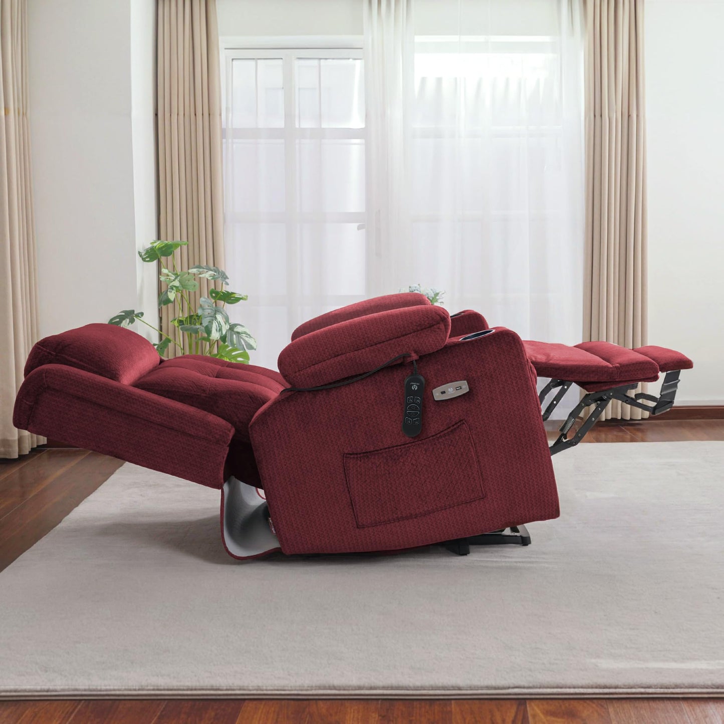 MCombo Large Triple Motor Power Lift Recliner Chair with Massage and Heat for Elderly People, Adjustable Headrest, Infinite Position, USB Ports, Fabric 7662 (Burgundy, Large)