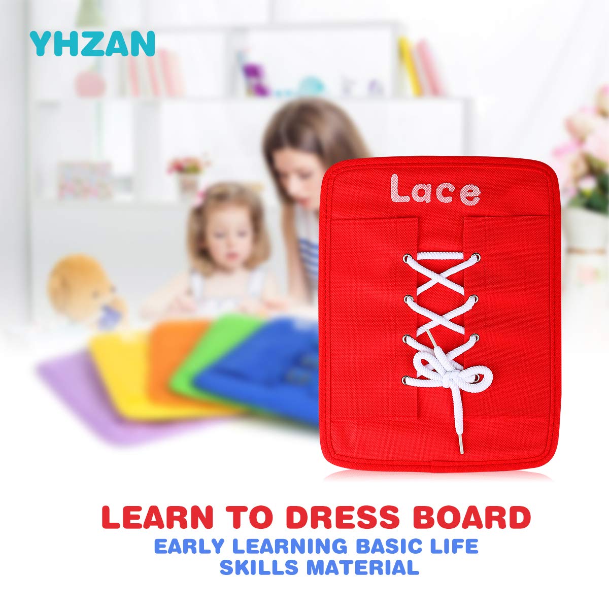 YHZAN Learn to Tie Your Shoes Dressing Board Montessori Mobile Sensory Board Travel Therapist Life Skills Development Toy - Zip,Button,Snap,Buckle,Lace & Tie for Preschool Toddler 2-8 Years Old
