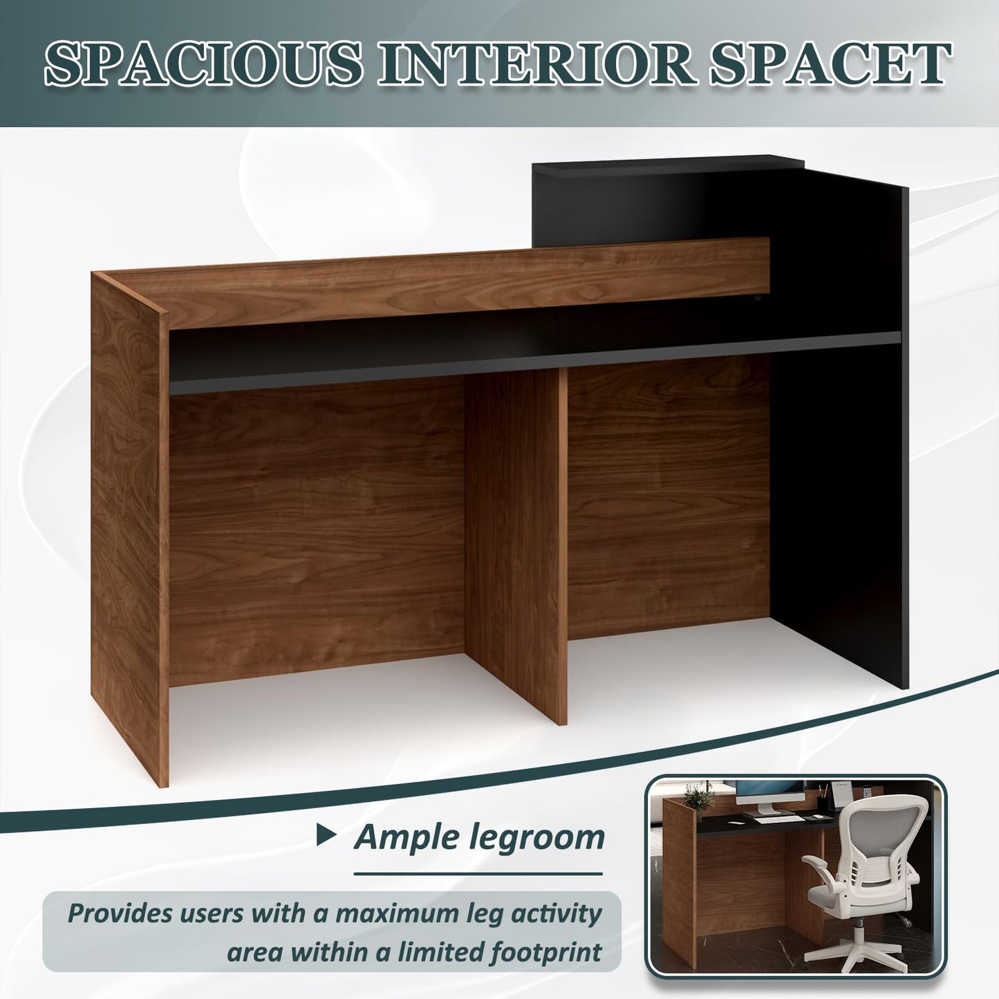YTElantivo 63″ L-Shaped Reception Desk with Counter – Modern Office Front Desk for Salon, Clinic & Retail, Spacious Workstation, Easy Assembly, Black-Brown Receptionist Desk