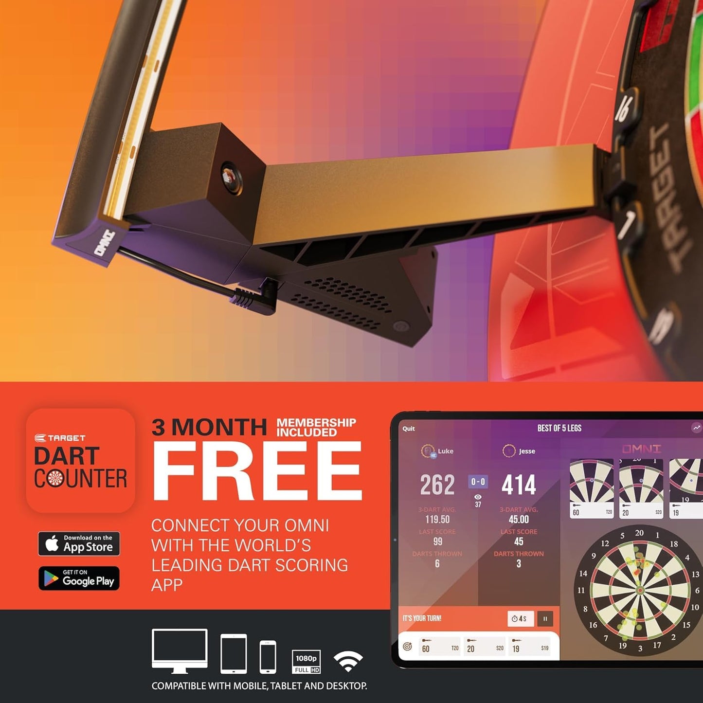 Target Darts Omni Dartboard Auto Scoring Ring with LED Lights | Dart Board Score Camera, Magnetic Dartboards Light System, Surround Ring Lighting, Record Dart Scores