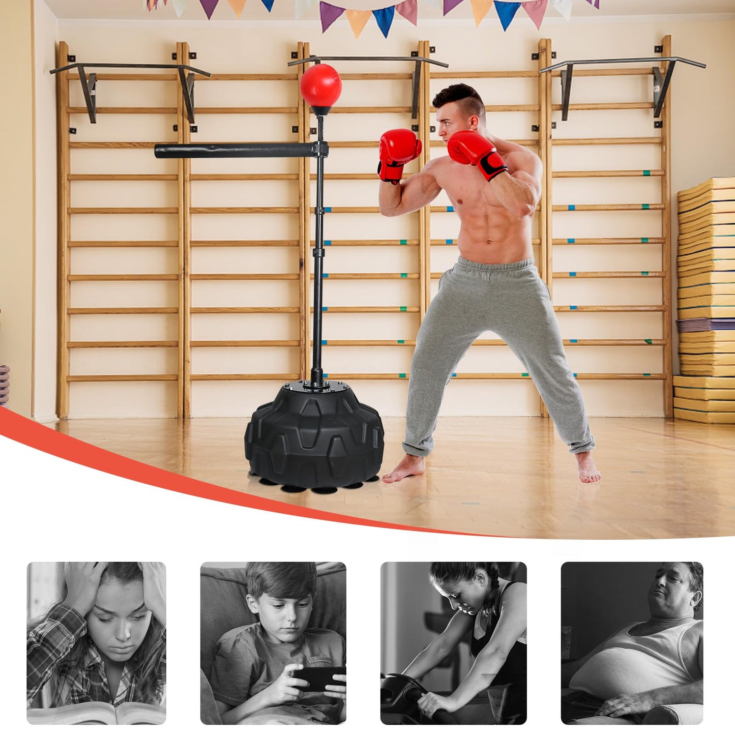 Solid Reflex Bag Boxing Speed 45-80in Trainer Punching Bag Spinning Bar Training Boxing Ball with Reflex Bar Free Standing Adjustable Height for Adult Youth Red