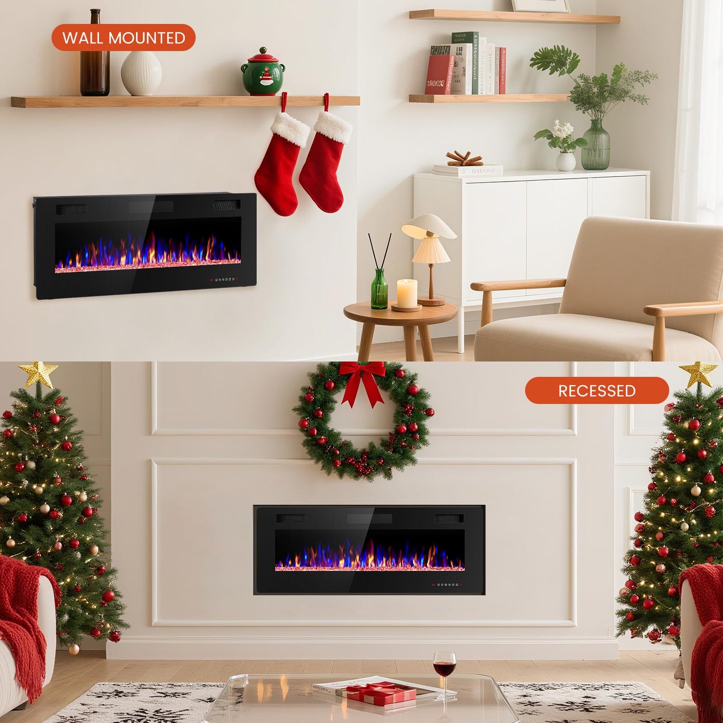 Electactic Electric Fireplace 50 inch Ultra Thin, Recessed and Wall Mounted Electric Fireplace with Remote Control, Fireplace Heater, Timer, Adjustable Flame Color, 750w/1500w, Black
