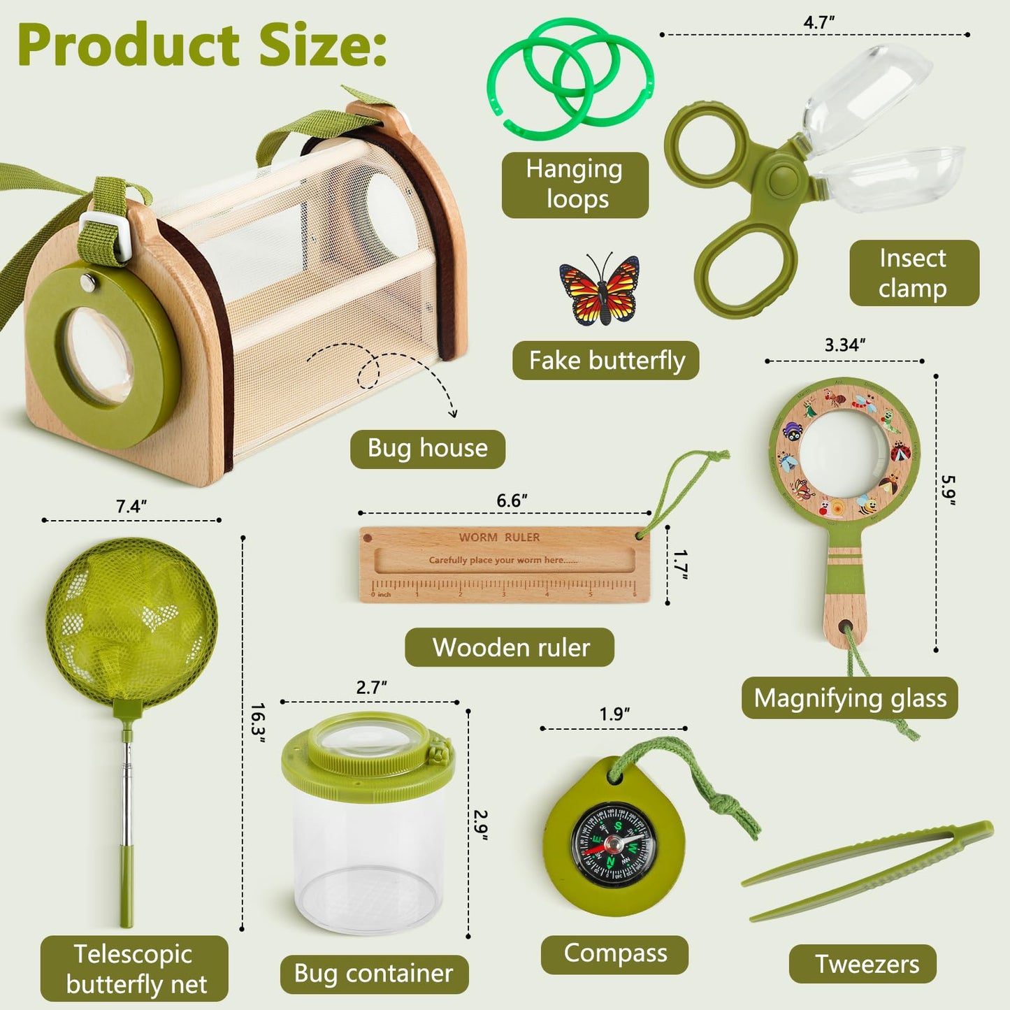 Wooden Bug Catcher Kit for Kids -11Pcs Bug Catching Kit Outdoor Explorer Kit with Carry Bag, Butterfly Net and Other Adventure Sets for Garden Backyard Camping, Gift for Toddlers Girls Boys 3-12