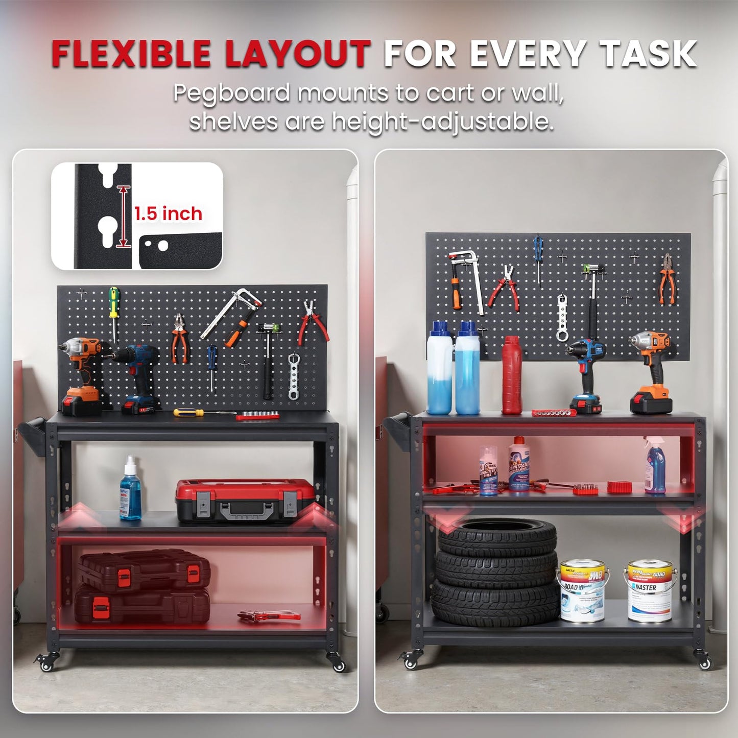ENJOYWOOD Workbench with Dual Pegboards 3-Tier Adjustable Rolling Work Table Heavy Duty Metal Tool Bench with Push Handle & Wheels Mobile Workstation for Garage, Workshop, Warehouse