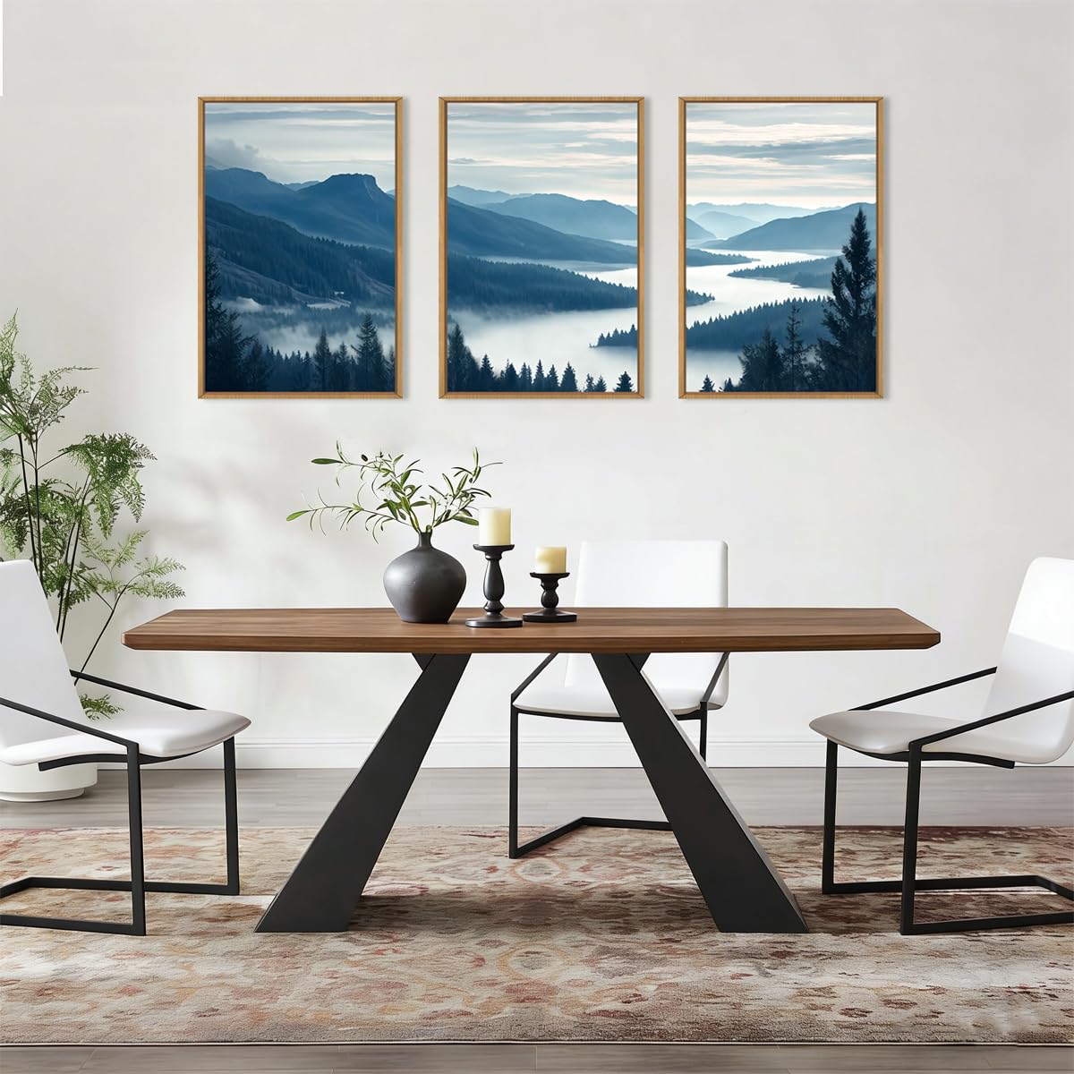 Aurlan Large Pine Tree Mountain River Framed Canvas Wall Art Set,Misty Blue Grey Forest Landscape Wall Decor,Modern Foggy Woodland Lake Artwork for Living Room,Bedroom,office-24 x36 x3