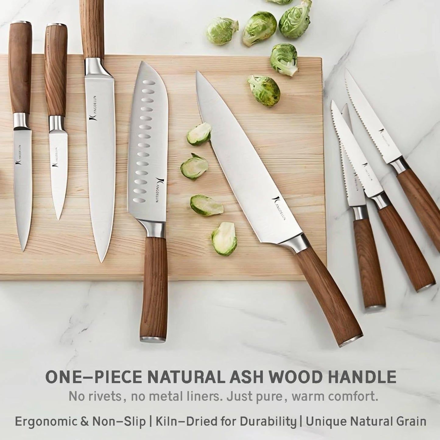 Kangdelun Ultra Sharp 15-Piece Knife Set, 50Cr15MoV High-Carbon Stainless Steel, Torrefied Brown Ash Wood Handles, Angled Golden Brown Wood Block, Easy Hand Wash, Gift Box