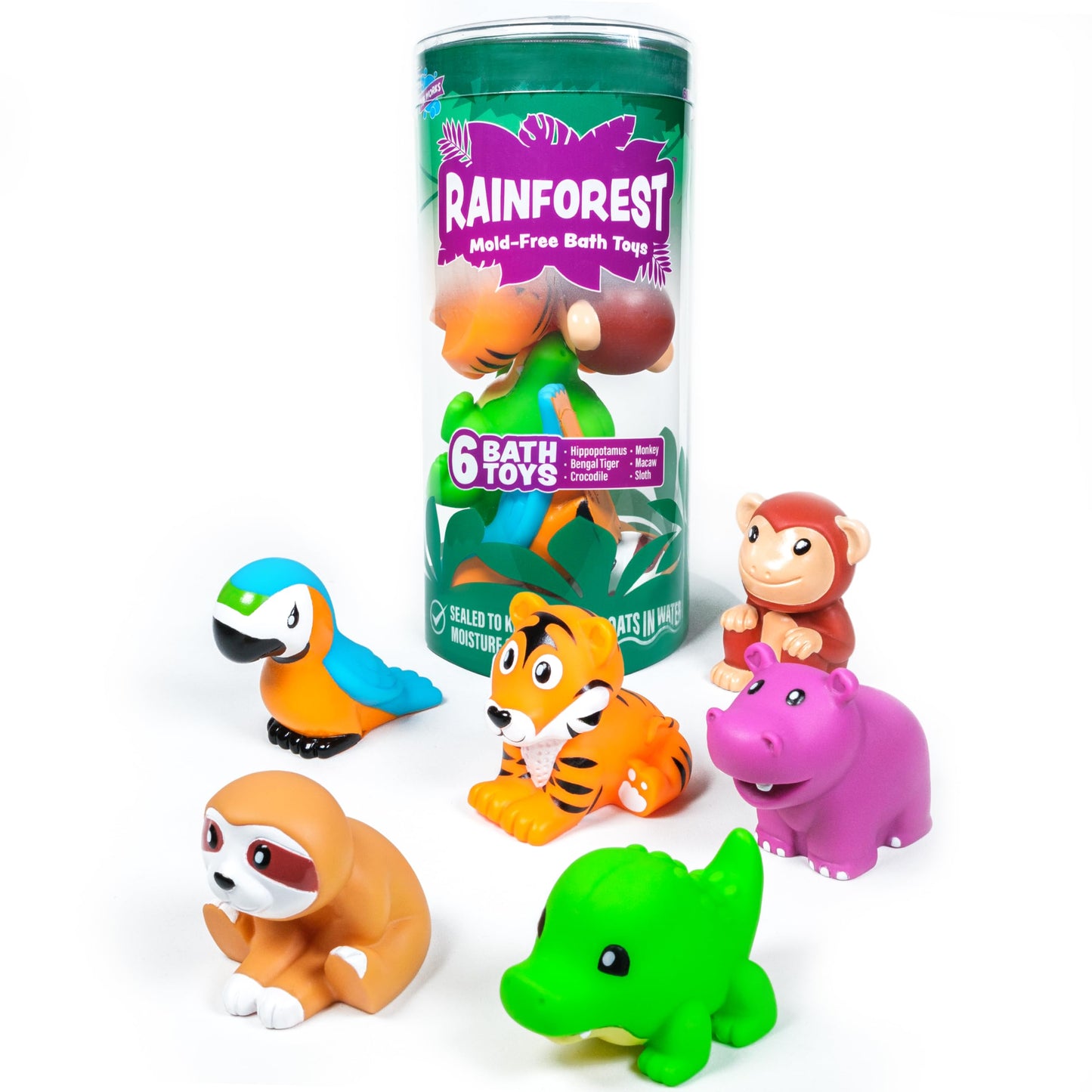 Tub Works® Rainforest™ Mold Free Bath Toys, 6 Pack | Sealed, No Hole Bath Toys Design Keeps Moisture Out | Soft, Squeezable & Float on Water | Easy-Grip Baby & Toddler Bath Toy | Great Baby Pool Toys