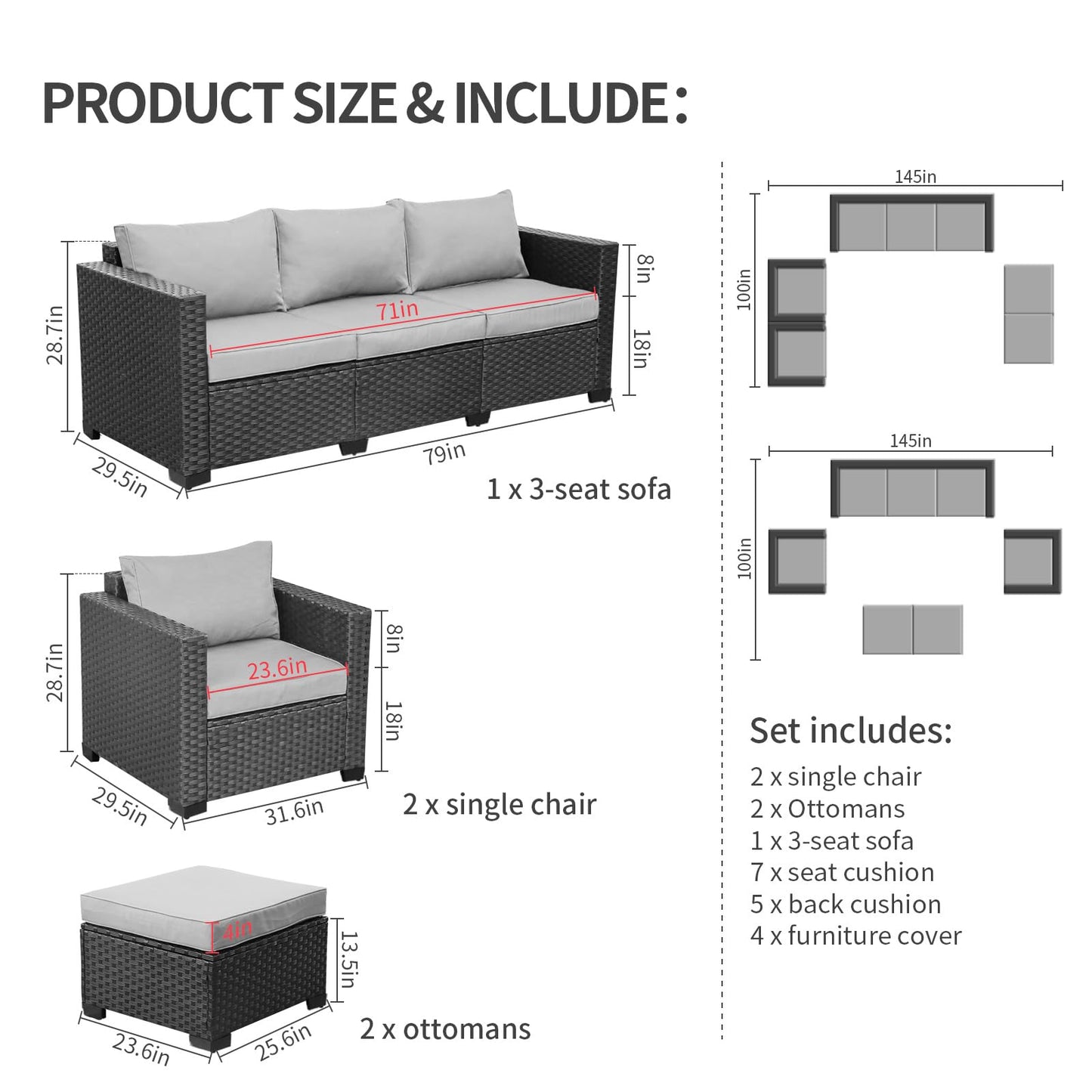 Rattaner Outdoor Wicker Furniture Couch Set 5 Pieces Patio Furniture Sectional Sofa with Grey No-Slip Cushions and Waterproof Covers