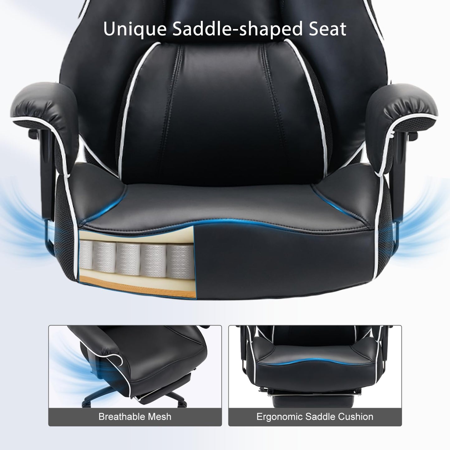 DJ·Wang Big and Tall Office Chair with Foot Rest, High Back Executive Office Chair PU Leather, Ergonomic Chairs with Lumbar Support, 135° Reclining Chairs with Thickened Spring Cushion Black