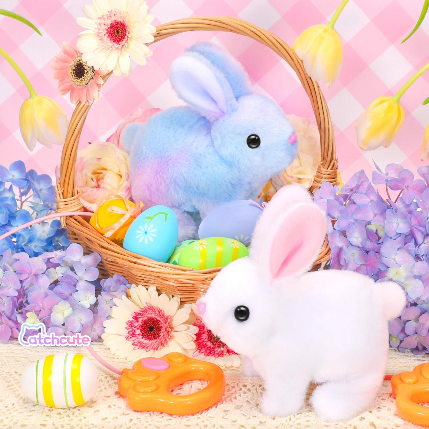 CatchCute Easter Hopping Plush Bunny Interactive Toys for Kids,Can Wagging Tail and Twitching Nose with Remote Control Leash,Easter Eggs and Decorations,Easter Christmas Birthday Gift for Toddlers