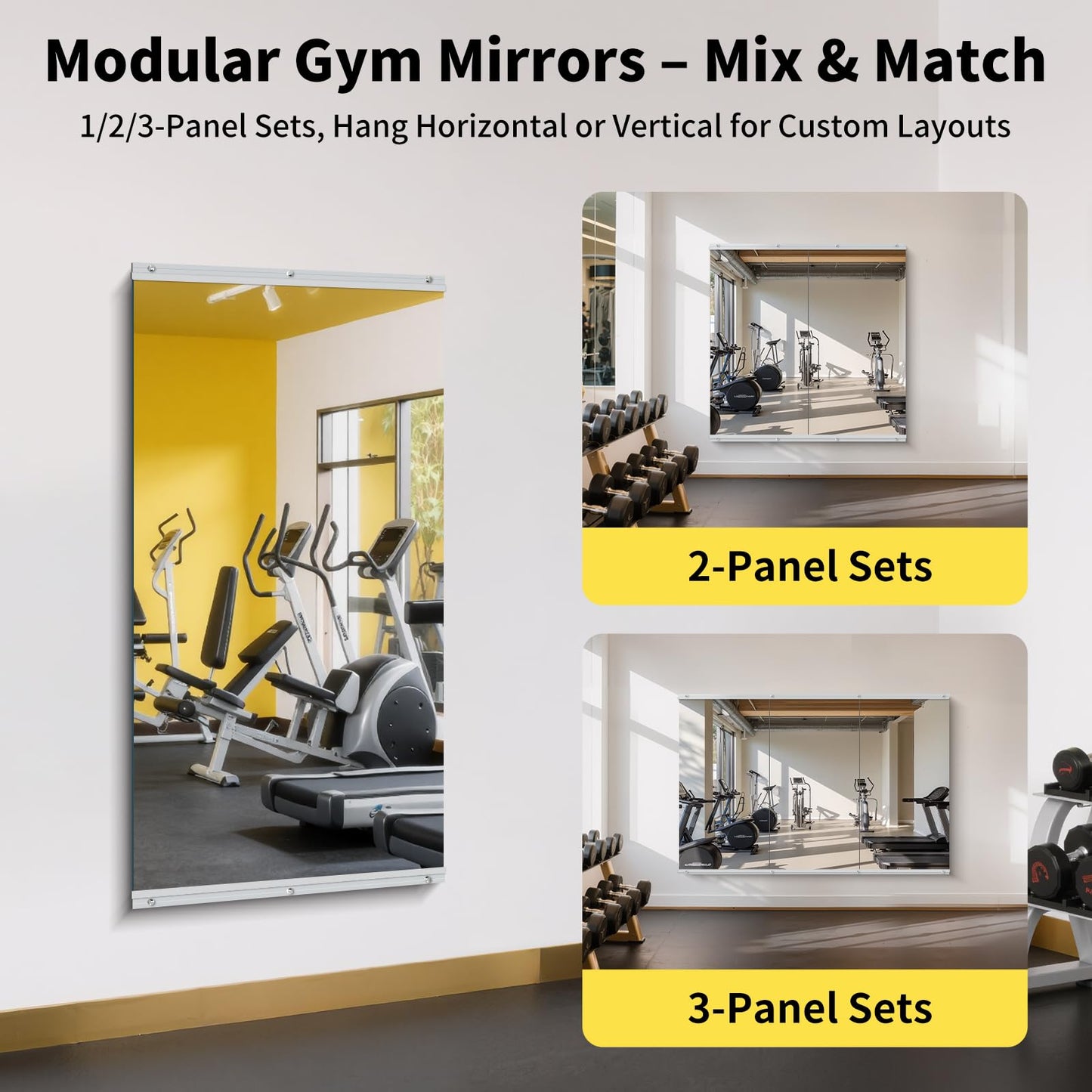 InfiniGlass Home Gym Mirror - 48x24 Inch, 3PCS Frameless Tempered Glass Full Body Mirror for Wall Mount - Ideal for Yoga, Workout, Bedroom, Dance Studio (Silver)