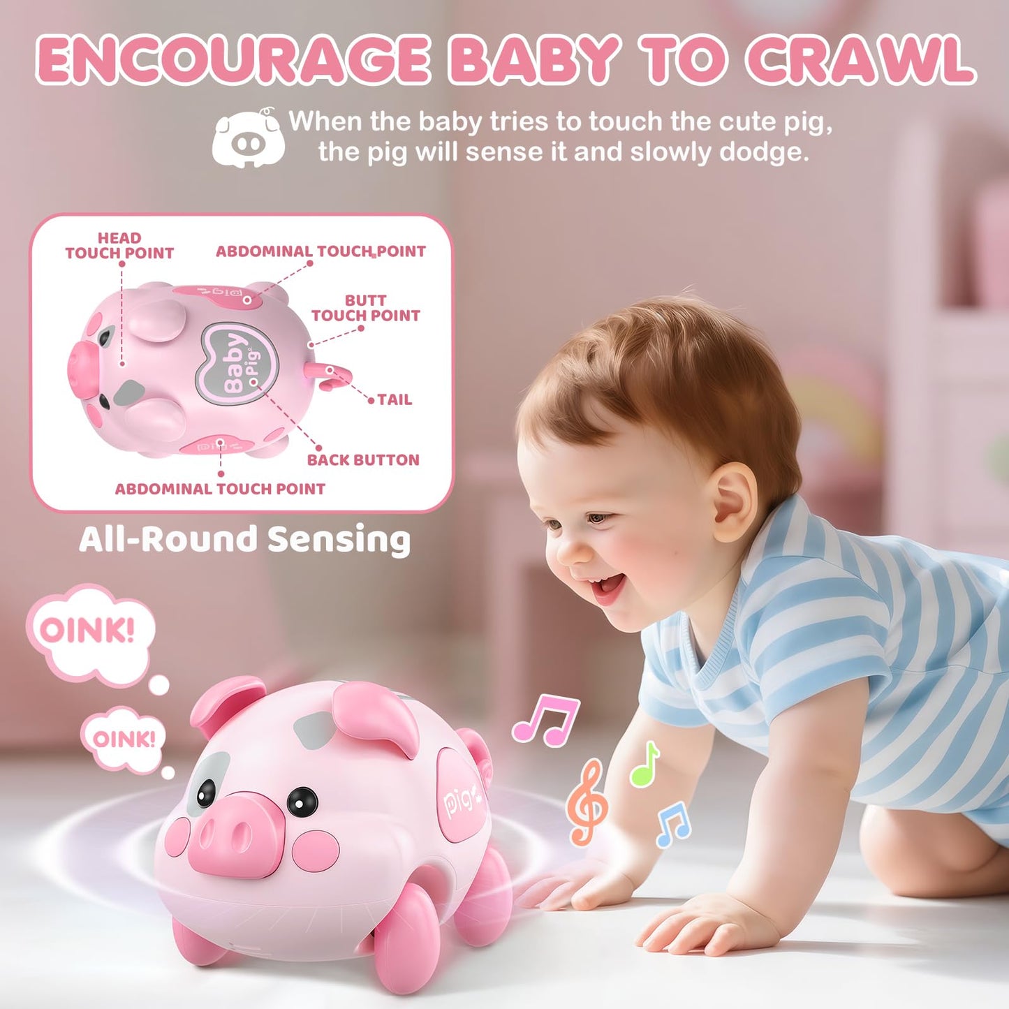 Baby Musical Toy for 6-12-18 Months, Musical Piggy Toy for Toddler 1 Year old Baby Girl, Infant Crawling Light Music Toys for Tummy Time Development, 1st Birthday Gift for Boy 7 8 9 10+ Month