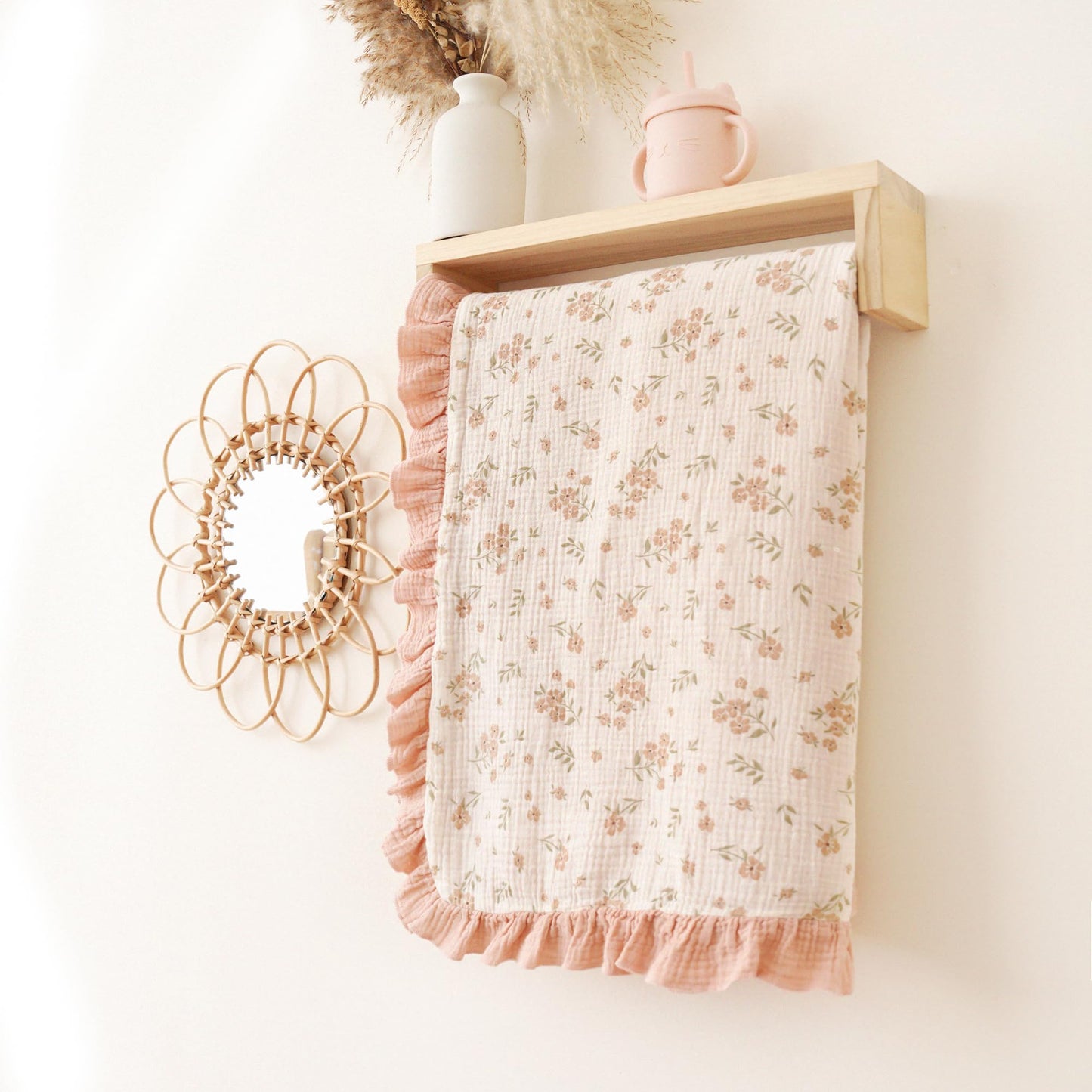 Konssy Flounce Muslin Baby Blanket for Girls Boys, 100% Cotton Soft Crib Swaddle Blankets, Reversible & Breathable Nursery Bedding for Newborns Toddlers, 40 x 36 Inches (Blossom)