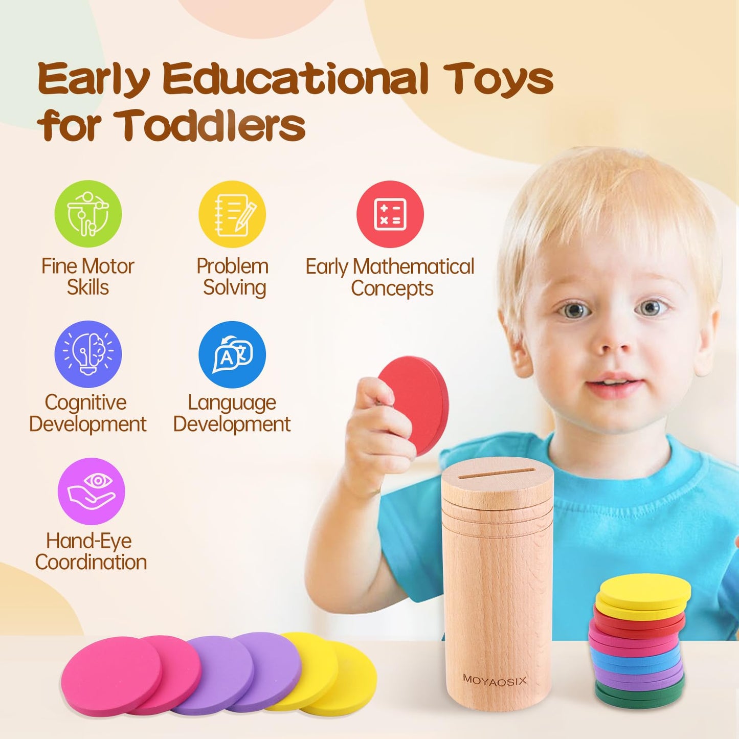 MOYAOSIX Montessori Toys for 1-3 Year Old|Educational Toddlers Toys |for 1 2 3 Age |Busy Board 18 Month Old|Fine Motor Developmental and Sensory Matching Games|Stacking Toys for Baby Boys Girls Gifts