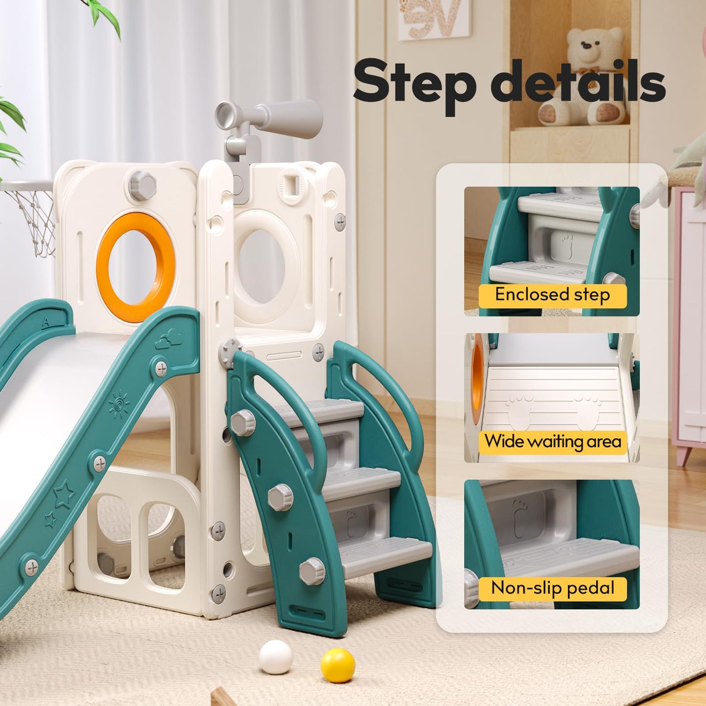 Baotree 6 in 1 Toddler Playset with Slide, Kids Slide with Basketball Hoop, Ball, Ring Toss, Indoor Outdoor Toys