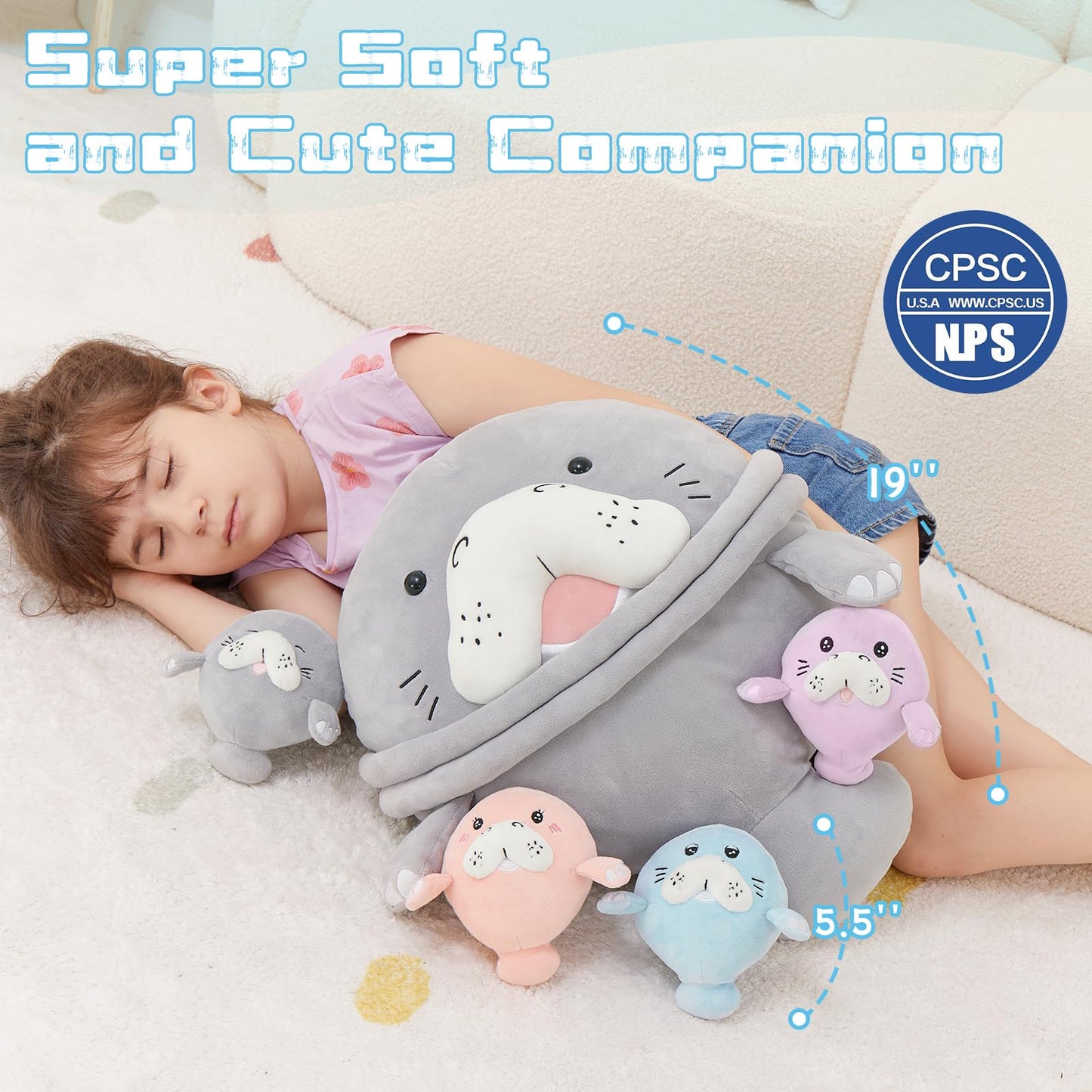 MorisMos Manatee Stuffed Animal Plush with Babies – Large Sea Cow Toys,Soft Stuffed Manatee Hugging Pillow for Kids Adults,Marine Animal Gift & Ocean Plush for Home Decor,CPC Certified