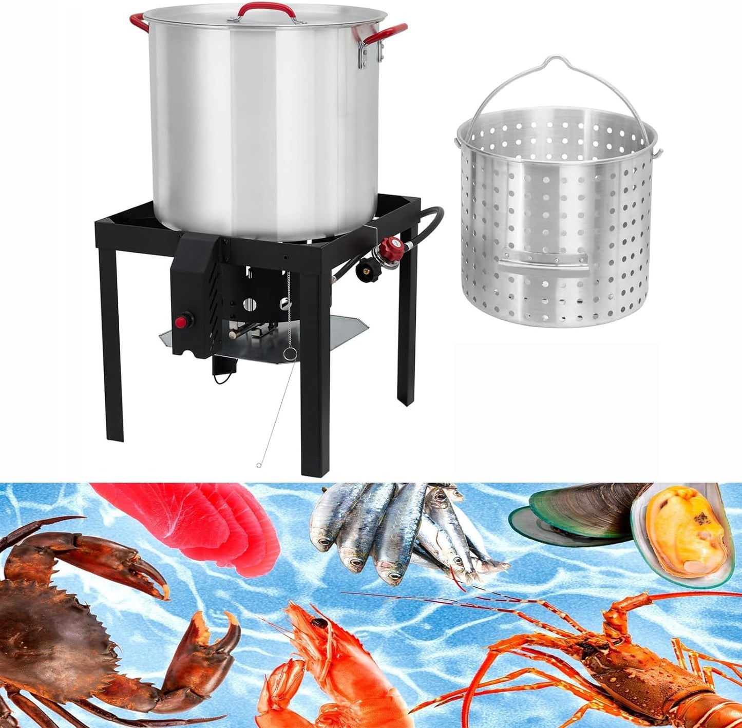 100 Qt Seafood Boil Pot, ACONEE Aluminum Crawfish Boiler w/Steam/Boil Basket & Strainer, 110000 BTU Propane Stove Burner with Lifting Hook, 10 PSI Regulator, Outdoor Cooking Shrimp Crab Boiler