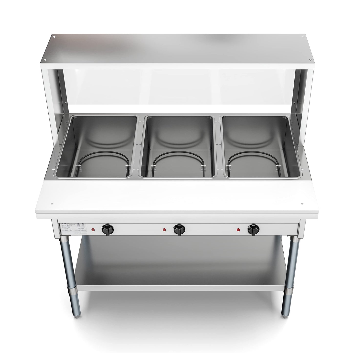 KoolMore 3-Pan Open Well Electric Stainless Steel Steam Table Food Warmer for Buffets with Sneeze Guard, Overshelf, Undershelf, Warming Control Knobs, Front Serving Area [120V] (KM-OWS-3SG), Silver