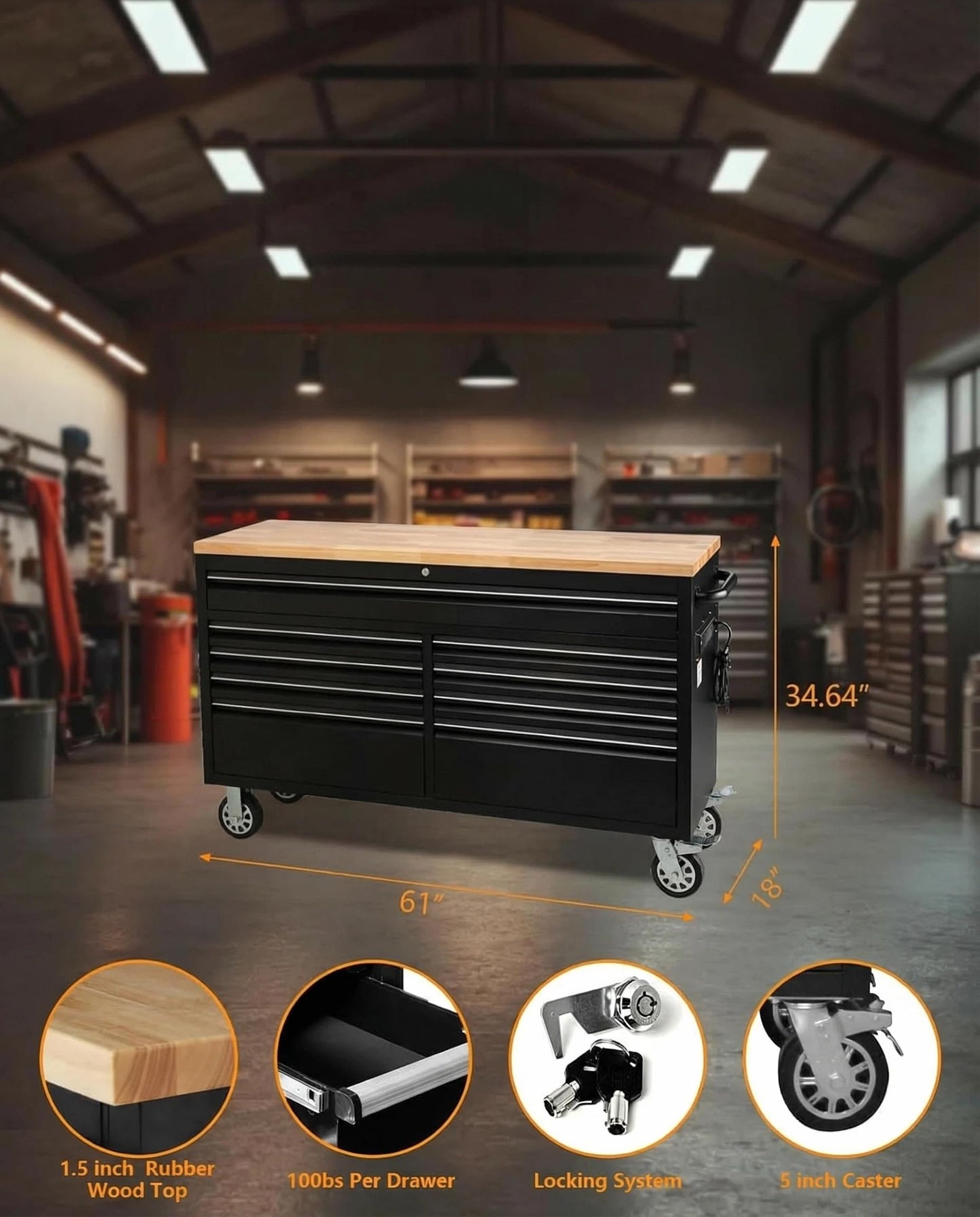 61-Inch Heavy-Duty Rolling Tool Chest & Mobile Workbench with 9 Drawers, Rubber Wood Tabletop, Key Locking System and Drawer Liners, Steel Storage Cabinet for Garage, Workshop, Warehouse Repair
