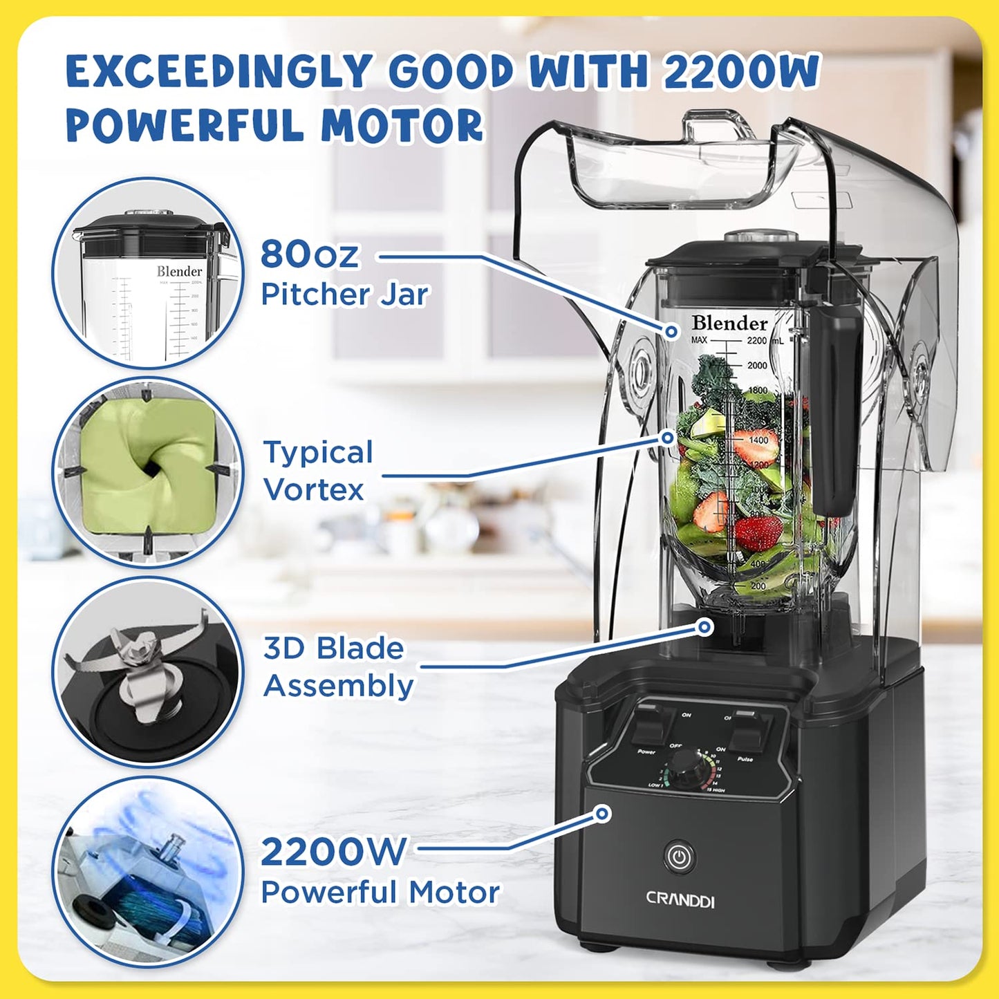 CRANDDI Commercial Quiet Blender, 2200 Watt Professional Countertop Blender with 80oz Pitcher, Built-in Pulse & 15-speeds Control, Smoothie Blender for Commercial and Home, K90 Grey