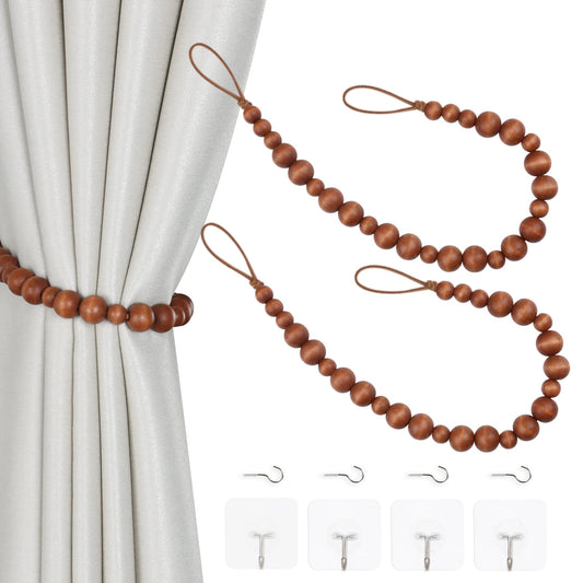 OCIOLI 2 Pieces Curtain Tieback Wood Bead Curtain Tiebacks Curtain Holdbacks for Wall Curtain Ties Window Treatment Curtain Tie Backs with Hooks Curtain Pull Backs (Coffee,2)