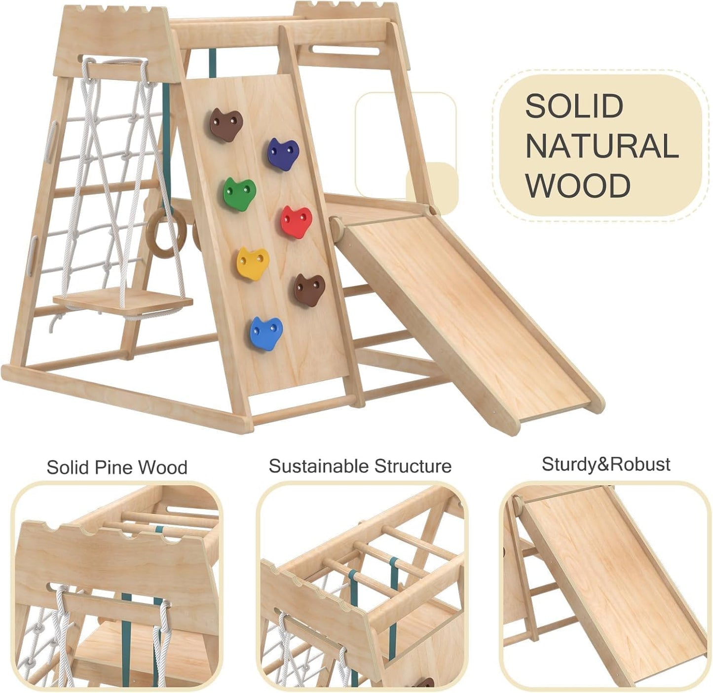 Yaofala 8-in-1 Indoor Playground, Indoor Jungle Gym for Toddlers, Kids Climbing Toys Indoor, Wooden Montessori Climber Playset with Swing, Slide, Monkey Bar, Wood Ladder, Climbing Net,Gymnastic Rings