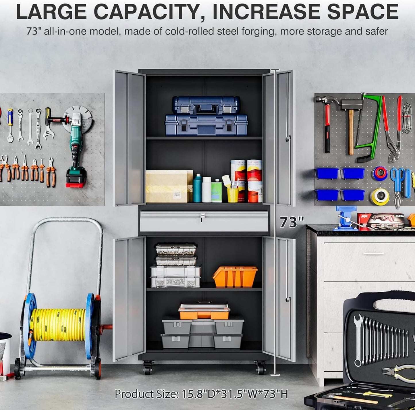 Metal Garage Storage Cabinet with Wheels and Drawer,Gray Rolling Garage Cabinet with Locking Doors and Adjustable Shelves,73" Tall Mobile Metal Storage Cabinets on Wheels for Home,Office,Garages,Tool