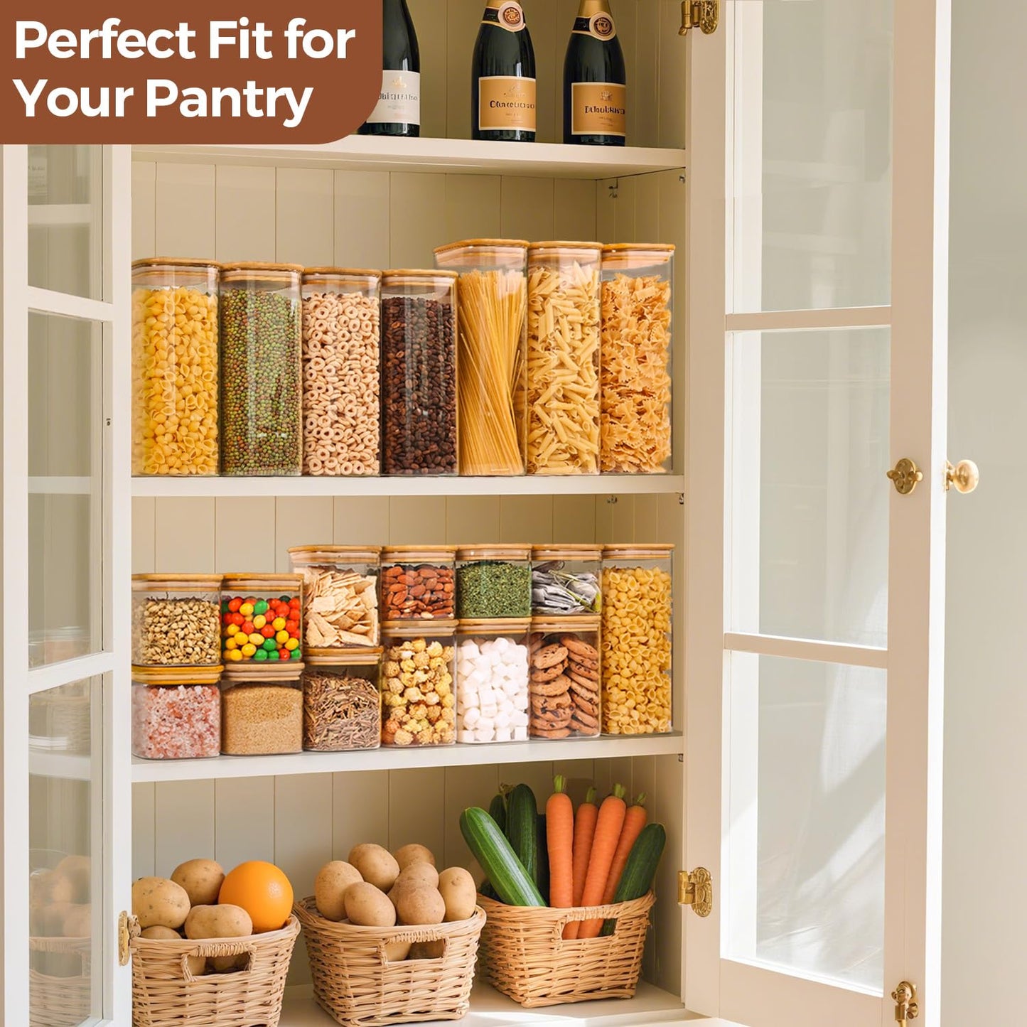 ComSaf 1.2 QT Glass Storage Containers with Lids, Glass Jars with Lids, Clear Food Jar, Square Canister Set of 6, Pantry Organizers and Storage for Cookie Flour Oat Pasta Tea Coffee Bean