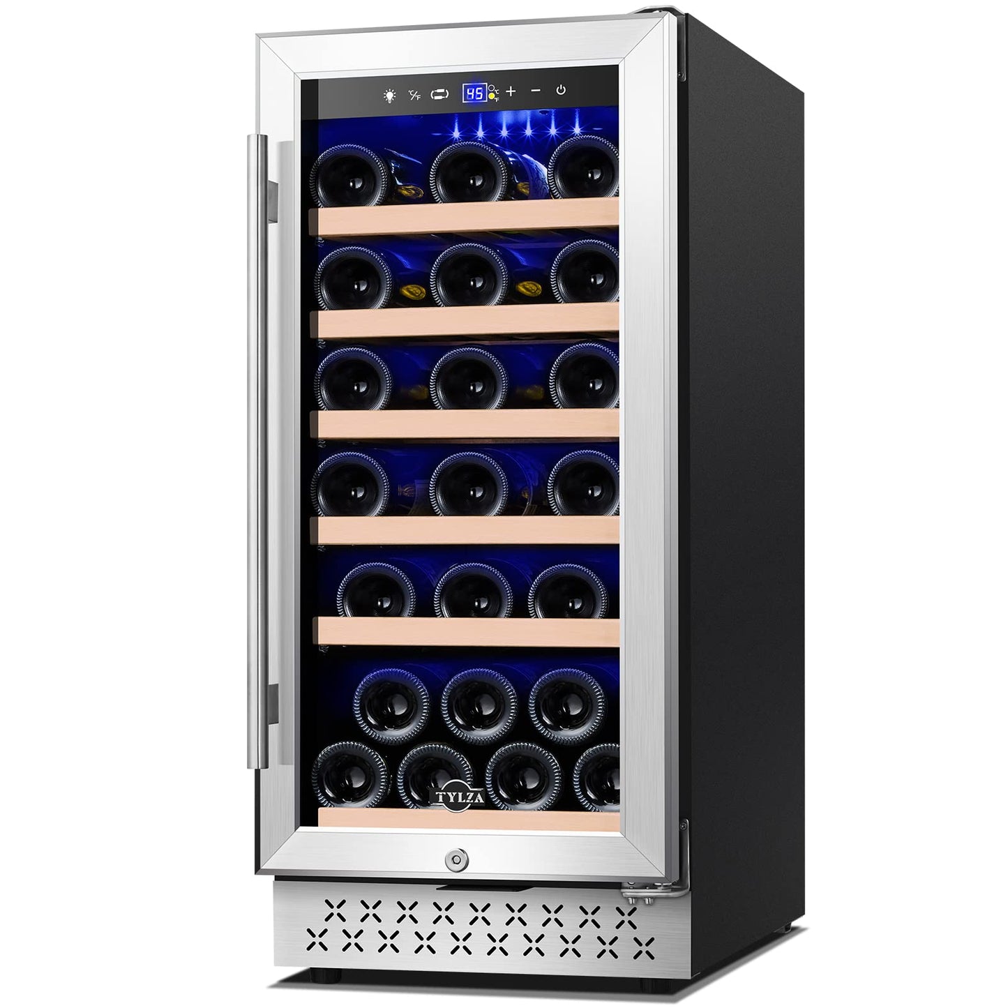 Tylza 15 Inch Wine Cooler Under Counter, 30 Bottles Built-in Wine Fridge with Stainless Steel Tempered Glass Door, Temp Memory Function, Freestanding Fast Cooling Wine refrigerator, Quiet Operation
