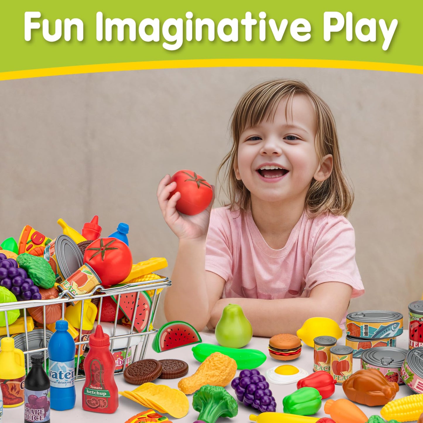 55 Pcs Grocery Store Pretend Play Food Set with Shopping Basket for Kids Toddlers 1-3 4-8, Kids Play Kitchen Accessories Plastic Fake Food Fruits and Vegetables Can Toy Gifts for Boys Girls
