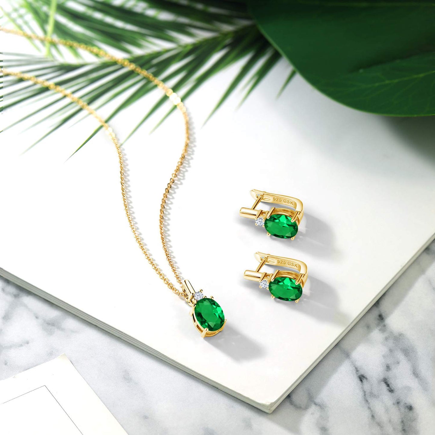 Gem Stone King Gemstone Birthstone and White Created Sapphire Pendant and Earrings Jewelry Set for Women in 18K Yellow Gold Plated Silver | Oval 8X6MM and Round 2.5MM | With 18 Inch Chain