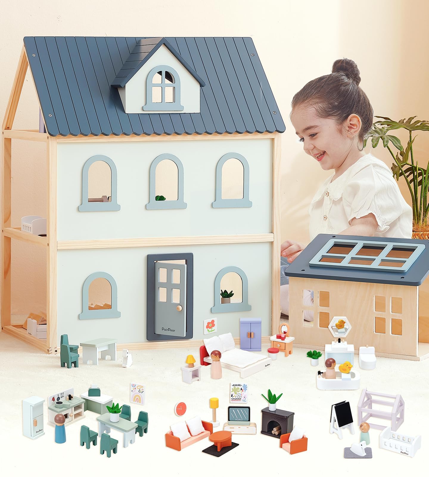 PairPear Large Wooden Dollhouse, 3 Story Play House with 64 Pieces Furniture Accessories & Garage, Pretend Play Family Dollhouse Gift for Kids 3+