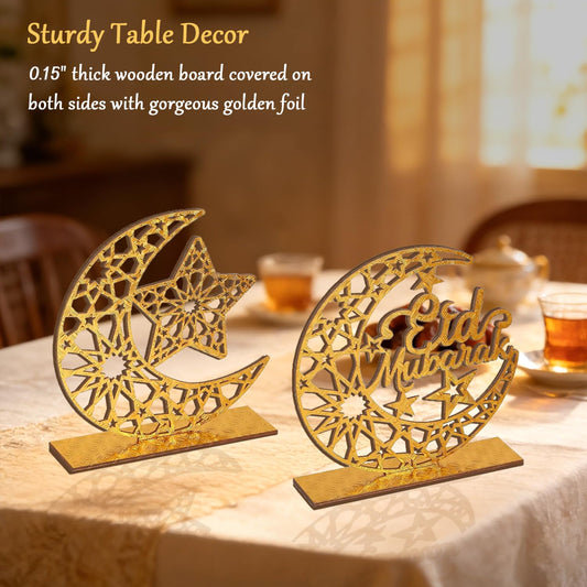 Eid Mubarak Decorations, 2 Pieces Wood Eid Table Decorations, Crescent Moon & Star Table Ornaments, Gold Eid Decorations for Home, Islamic Muslim Home Decor, Eid Mubarak Gifts, Ramadan Decorations