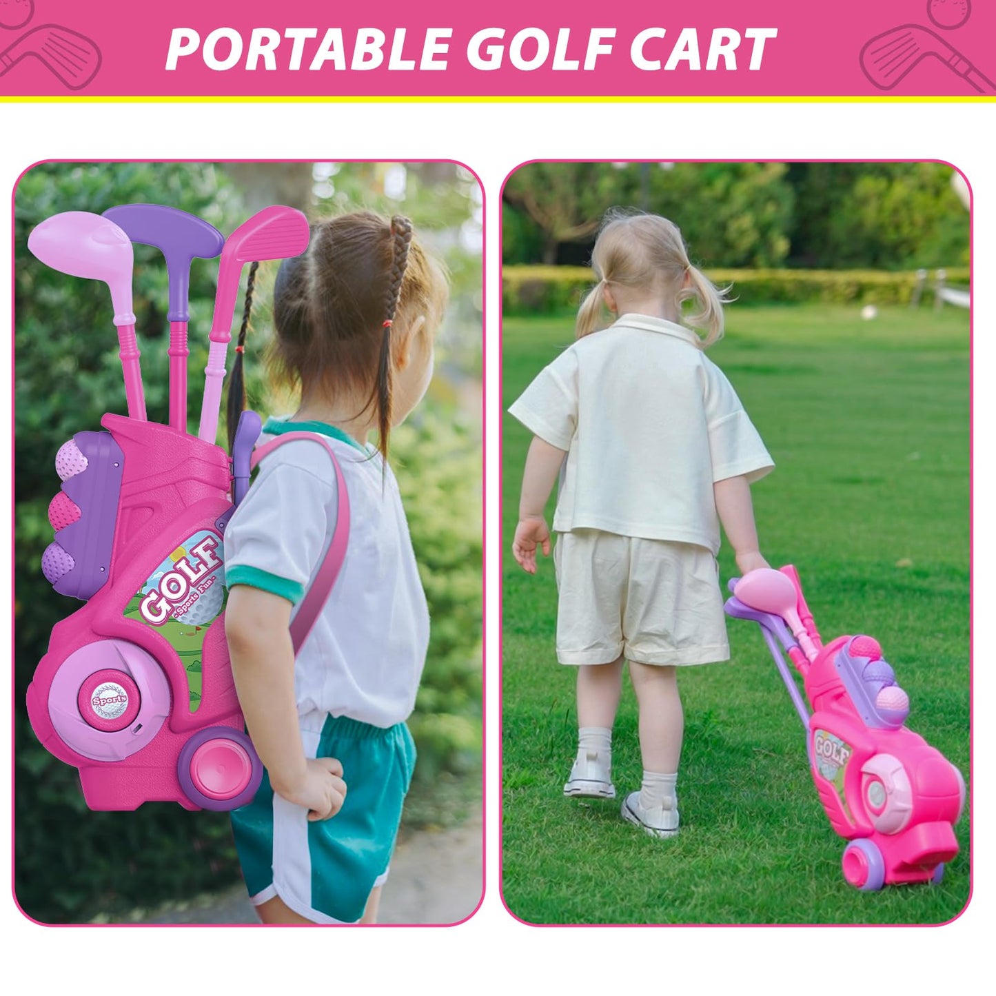 Liberry Toddler Golf Set for 2 3 4 Years Old Girls Boys, Upgraded Kids Golf Clubs Set with Golf Cart, Putting Mat, Outdoor Indoor Sports Toy Birthday Gift, Pink